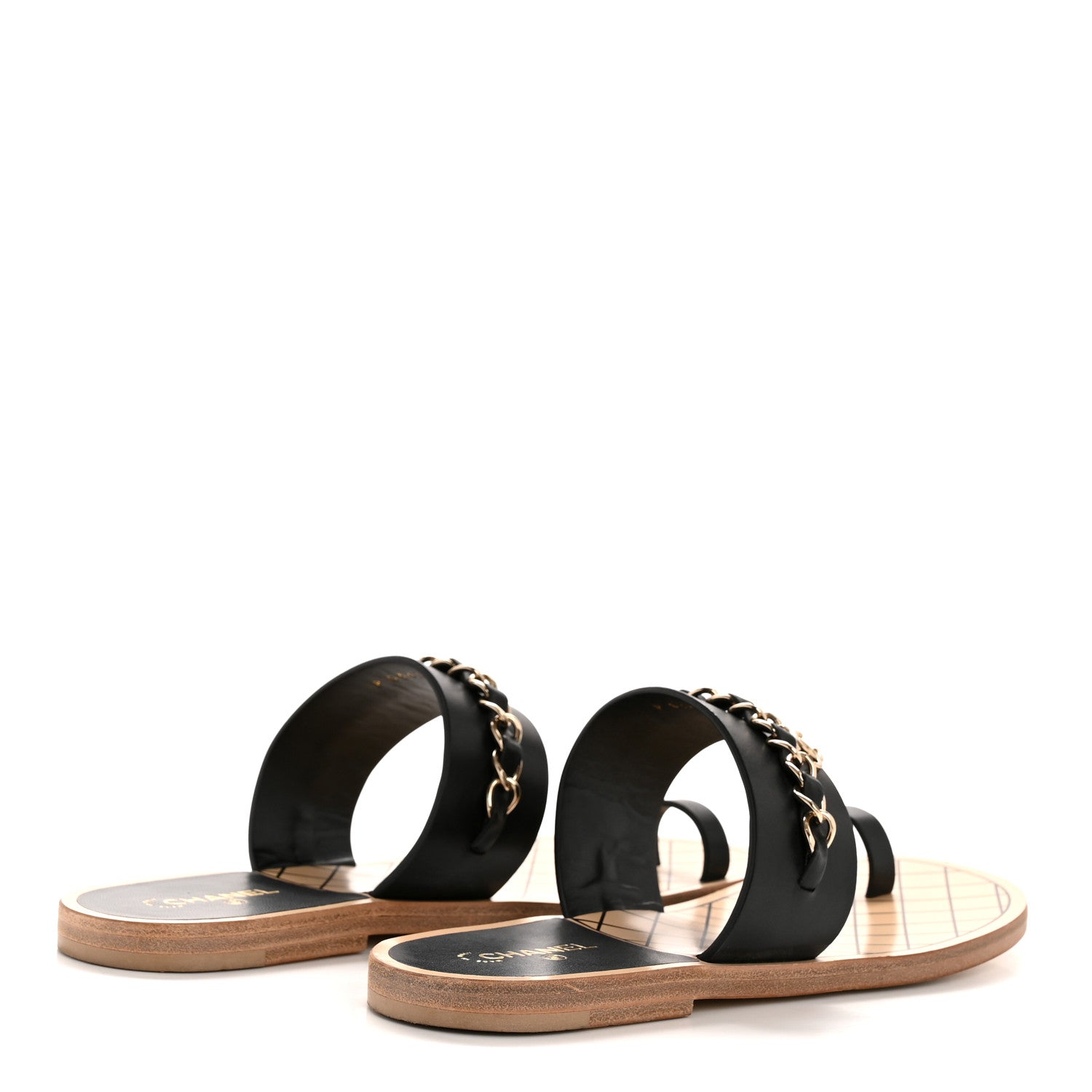 Calfskin Chain CC Logo Toe Ring Sandals 38.5 Black