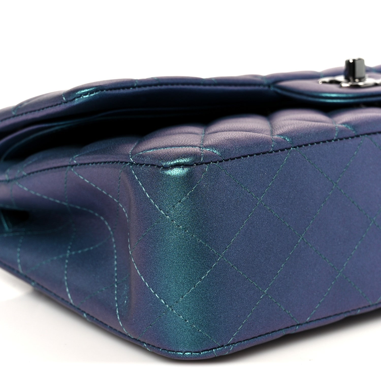 Metallic Lambskin Quilted Medium Double Flap Turquoise