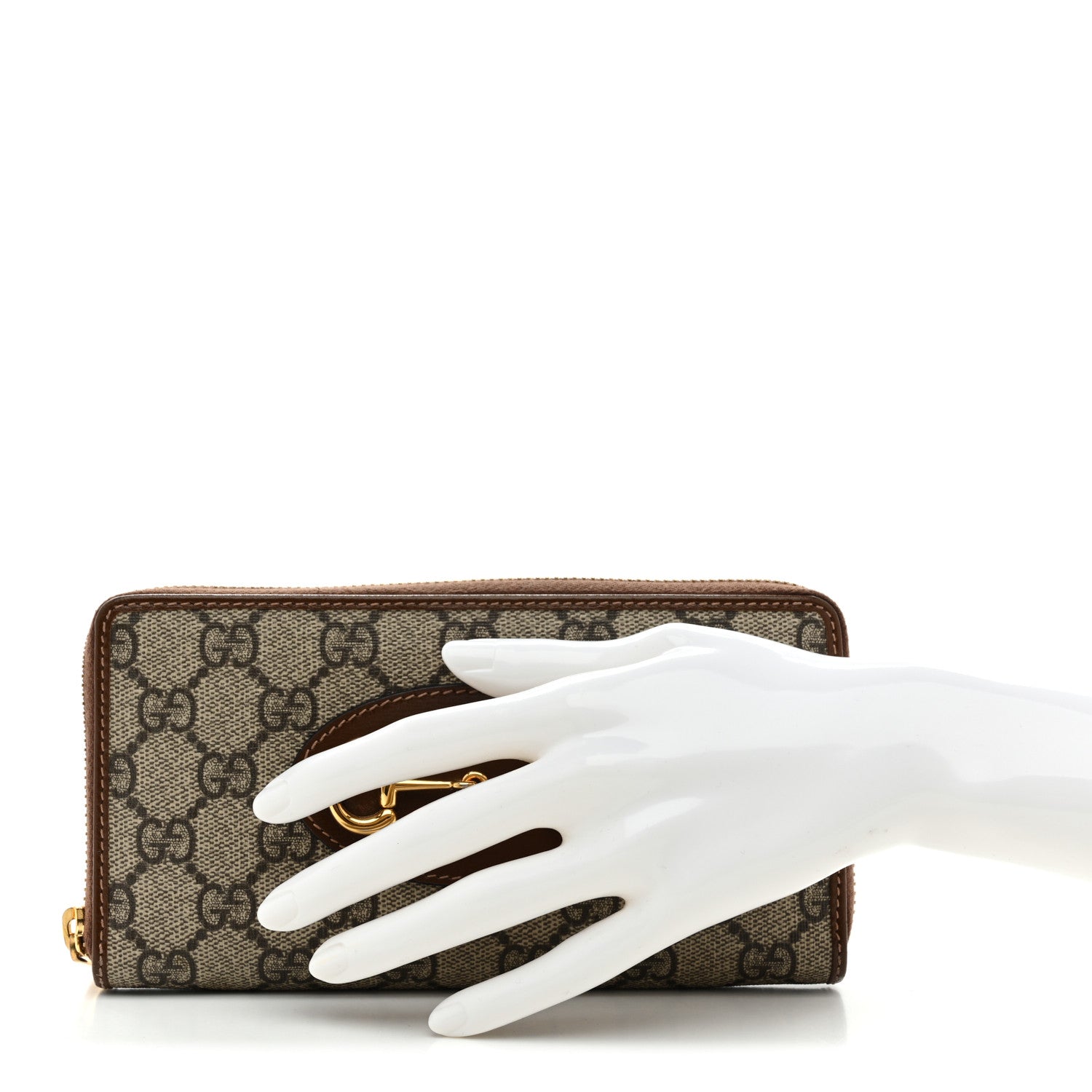 GG Supreme Monogram Azalea Calfskin Horsebit 1955 Zip Around Wallet Beige Ebony Brown Sugar