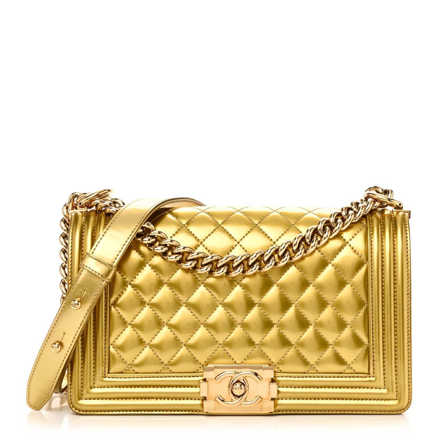 Metallic Patent Calfskin Quilted Medium Boy Flap Gold