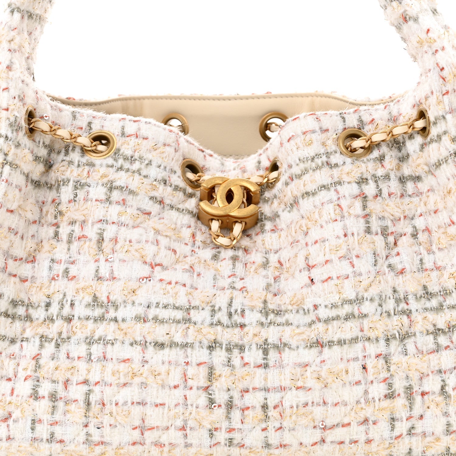 Tweed Quilted Small Chanel 25 Handbag Ecru Khaki Gold Red