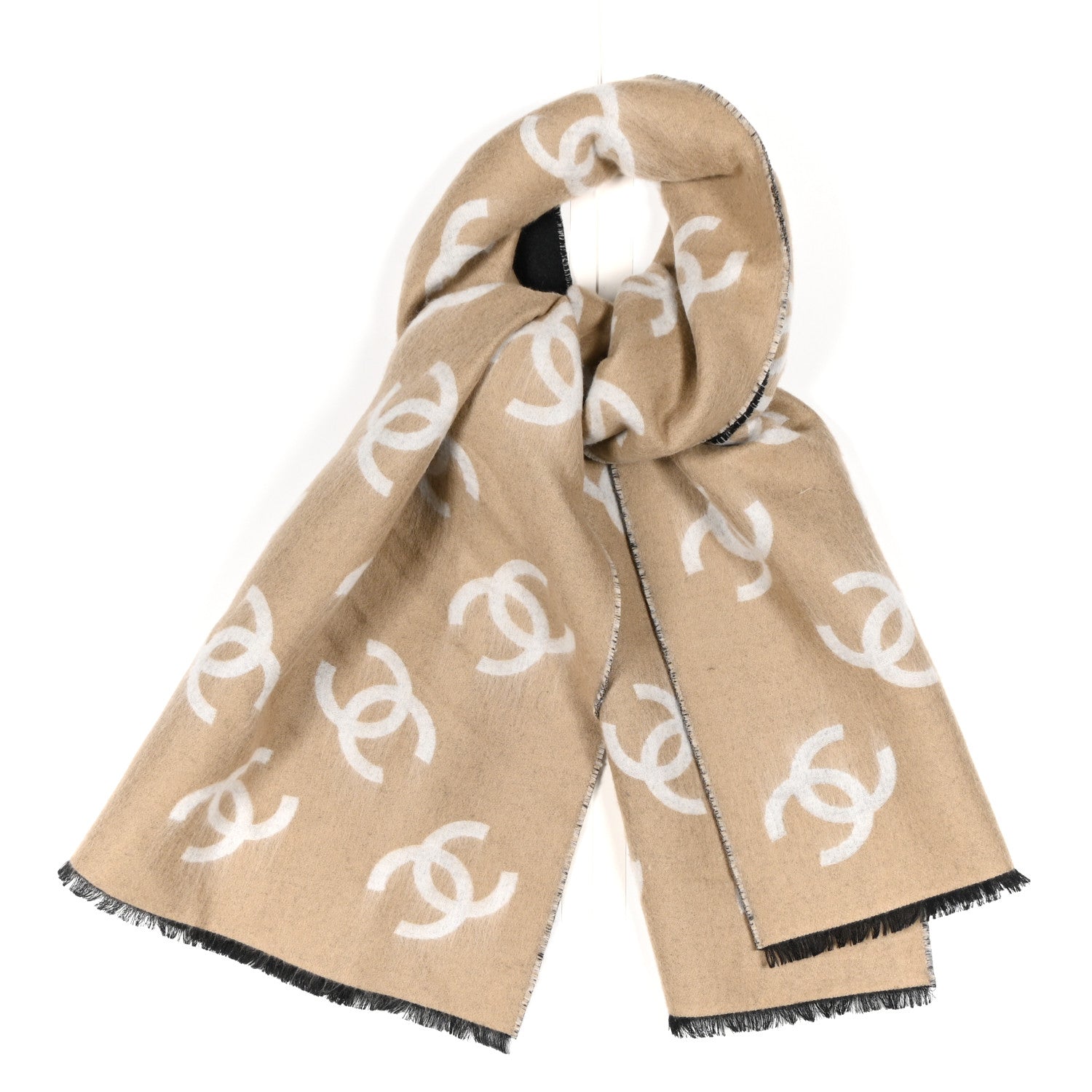Cashmere Logo Stole Fringe Beige Black