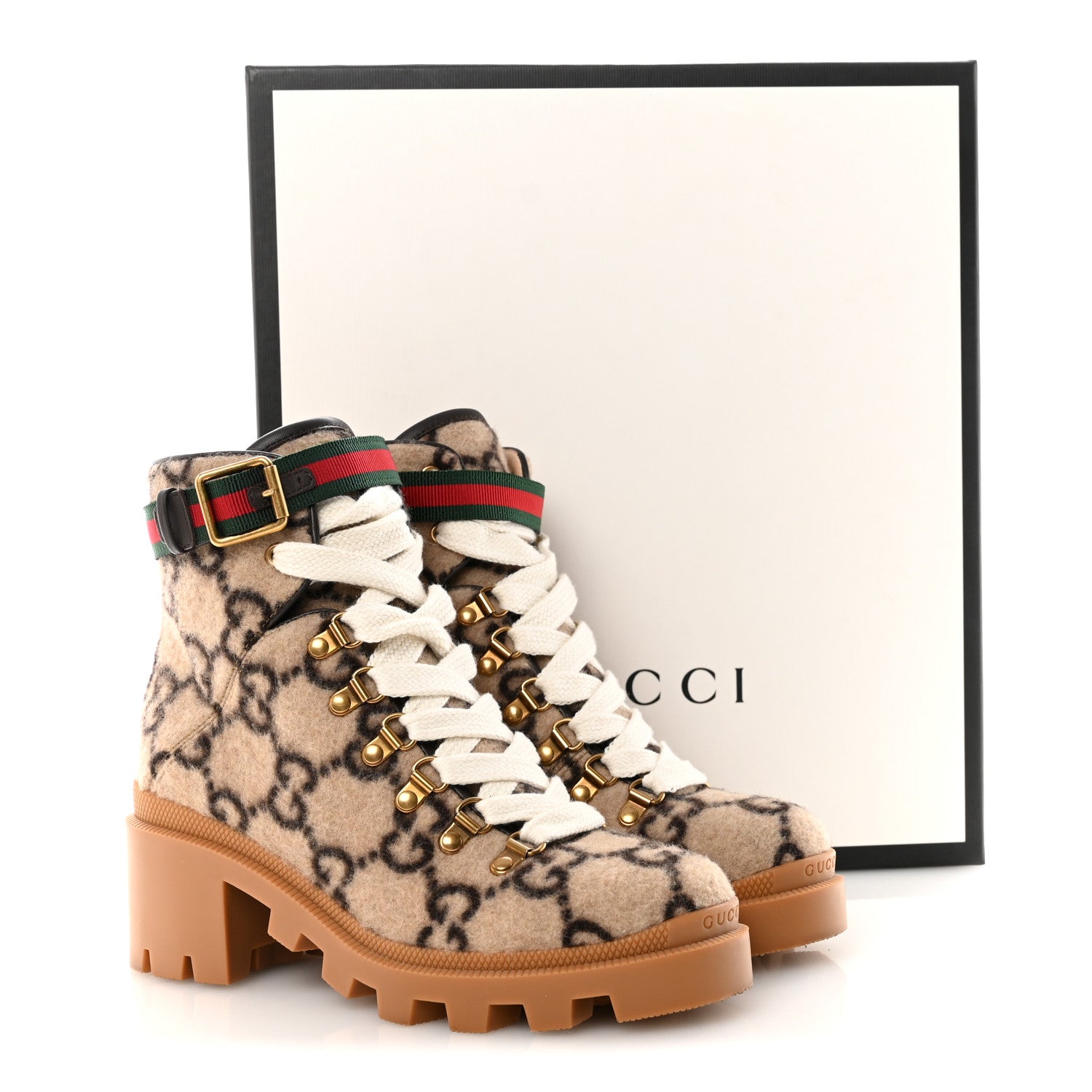 Covered Wool Big GG Monogram Womens Lace Up Combat Ankle Boots 36 Beige Ebony Cocoa