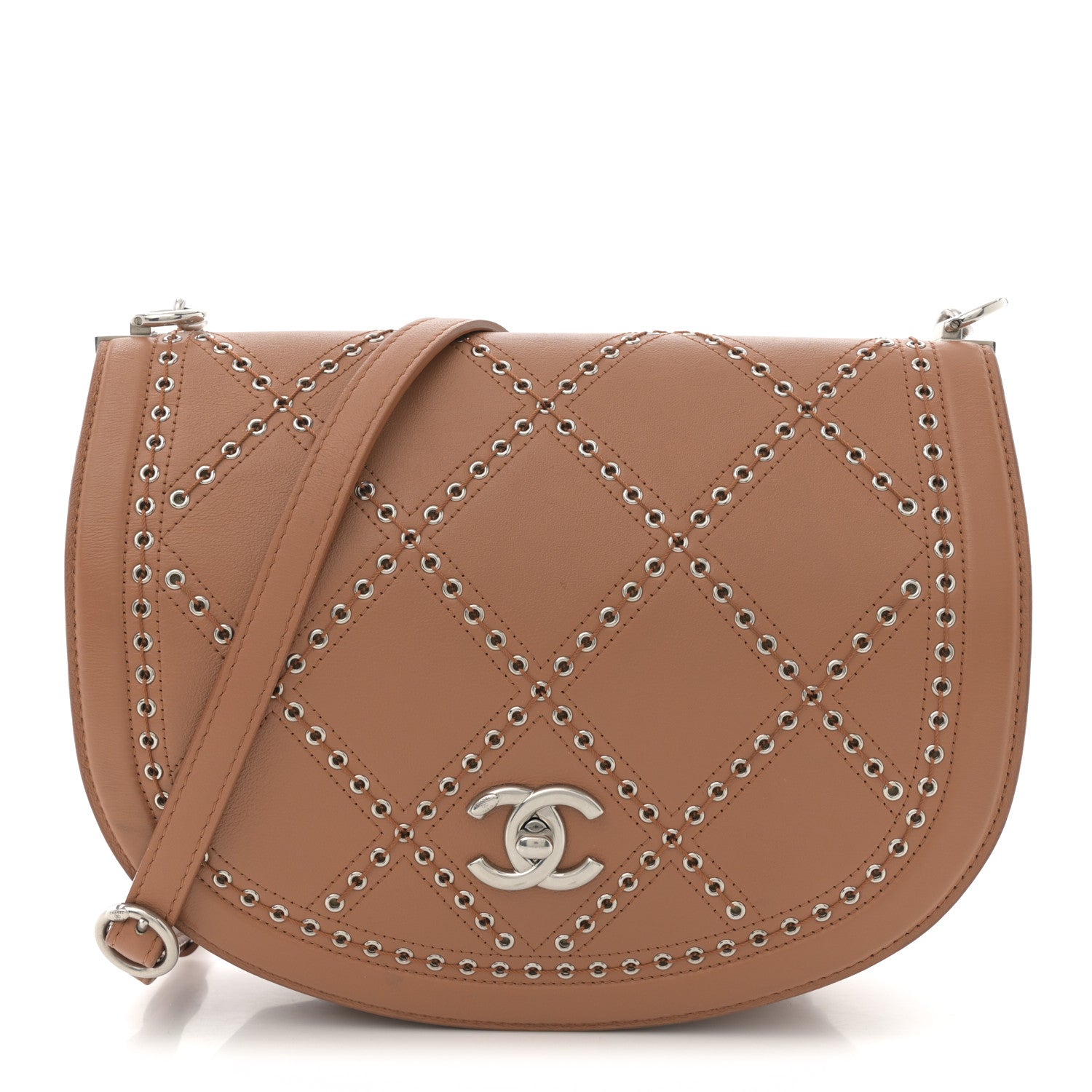 Calfskin Coco Eyelets Small Flap Bag Camel