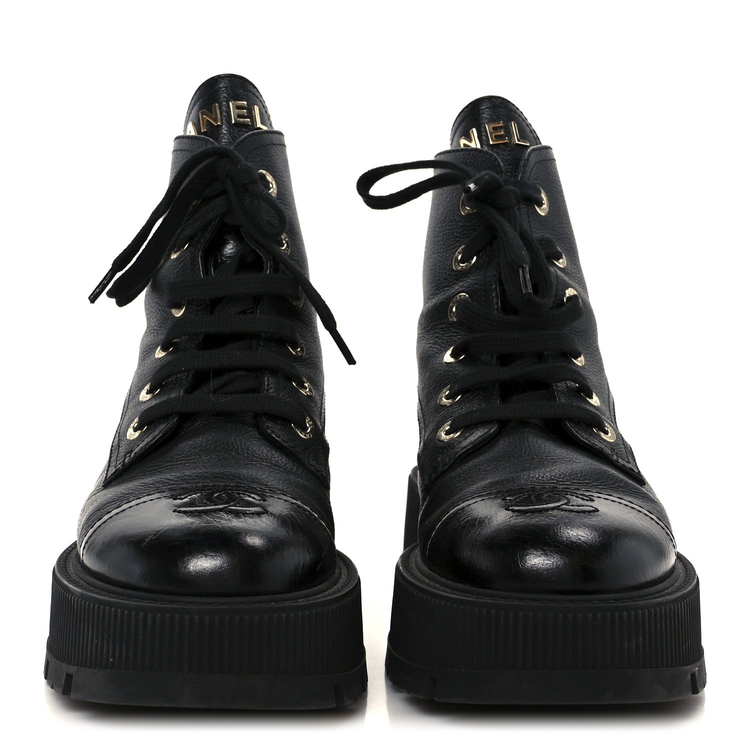 Grained Calfskin Shiny Calfskin CC Lace Up Combat Boots 37.5 Black