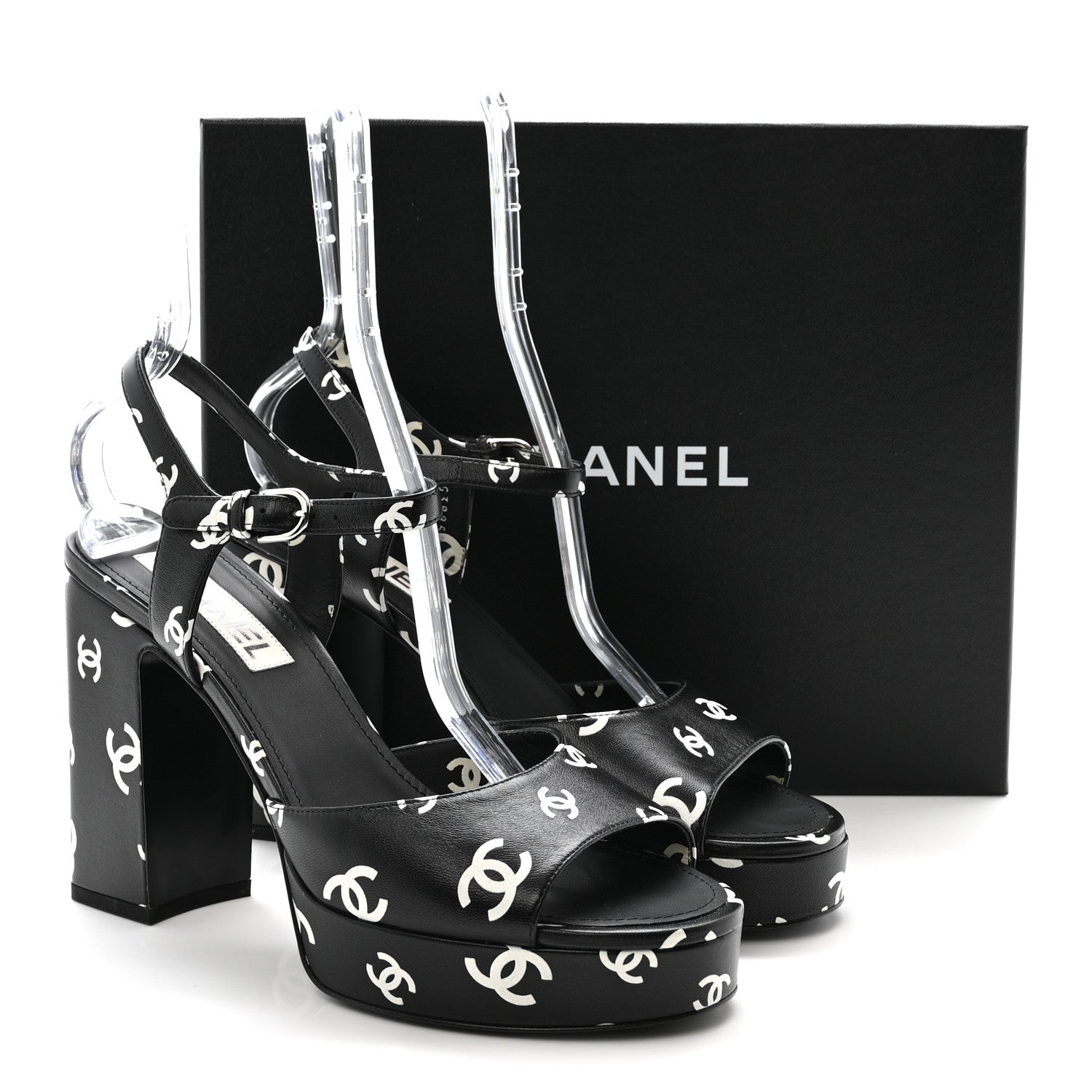 Printed Lambskin CC Platform Sandals 41 Black White