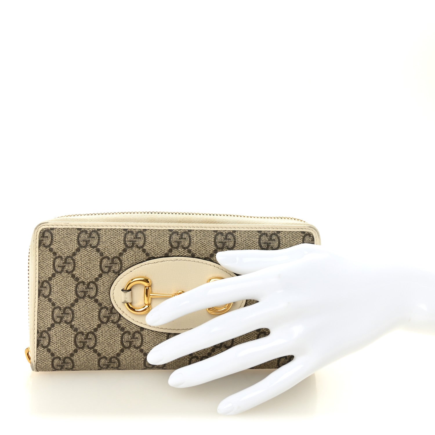 GG Supreme Monogram Azalea Calfskin Horsebit 1955 Zip Around Wallet Beige Ebony Mystic White