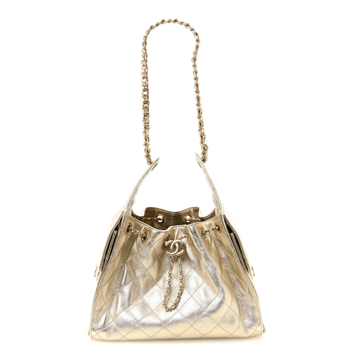 Metallic Caviar Quilted Small Chanel 25 Handbag Gold