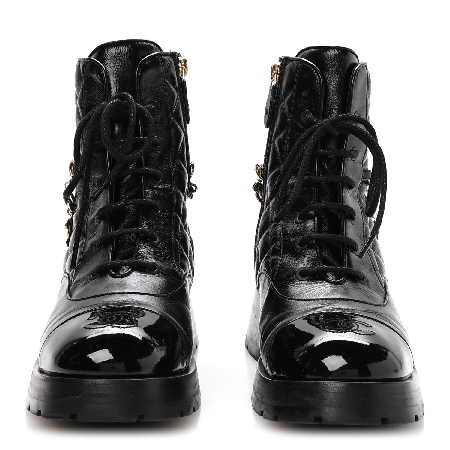 Shiny Calfskin Patent Quilted Chain Lace Up Combat Boots 40 Black