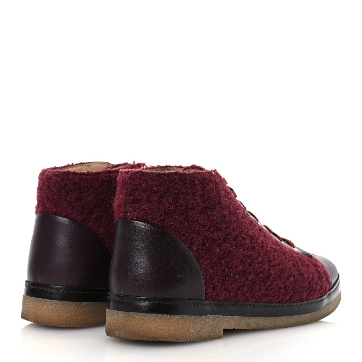 Tweed Calfskin Patent CC Lace Up Short Boots 39 Burgundy
