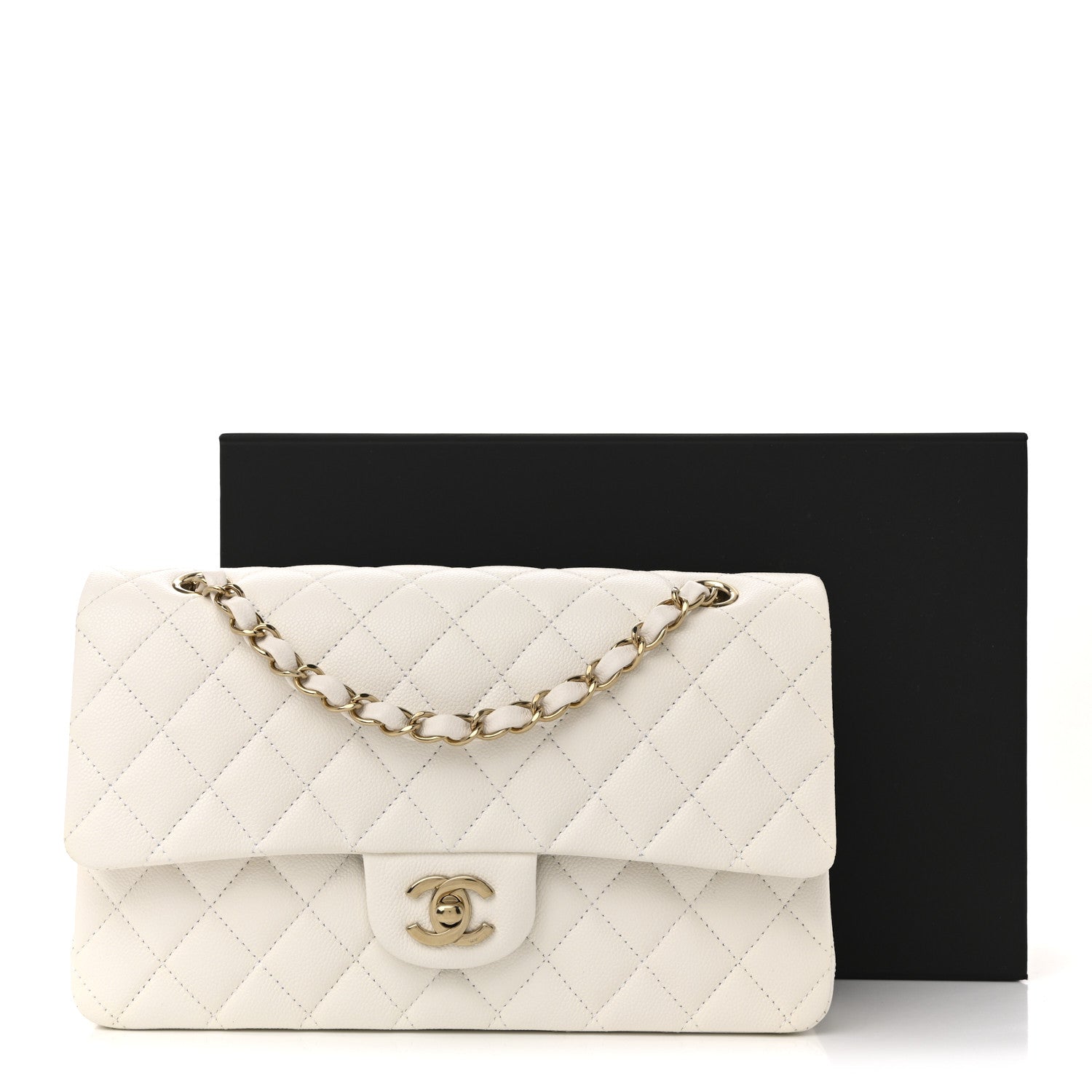 Caviar Quilted Medium Double Flap White