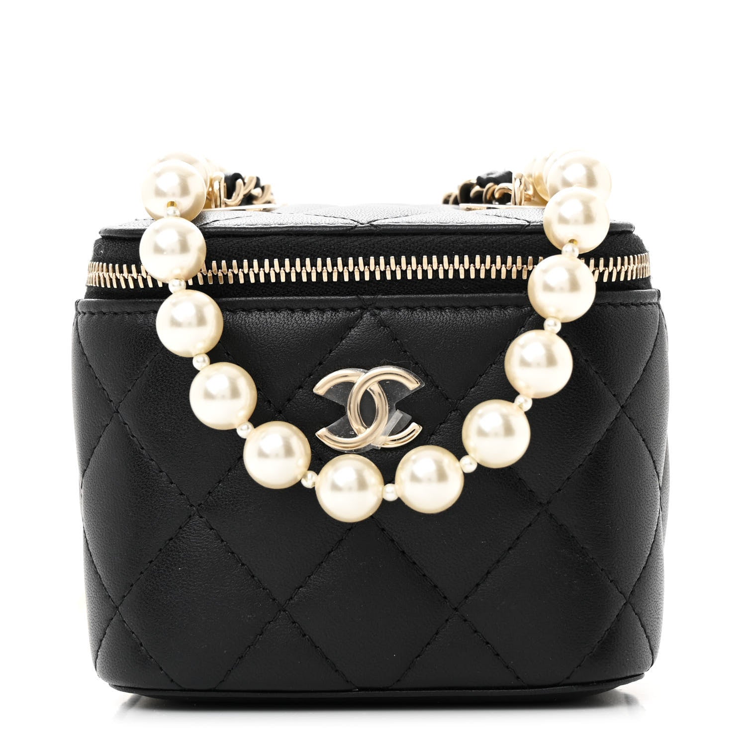 Lambskin Quilted Mini Vanity Case With Pearl Chain Black