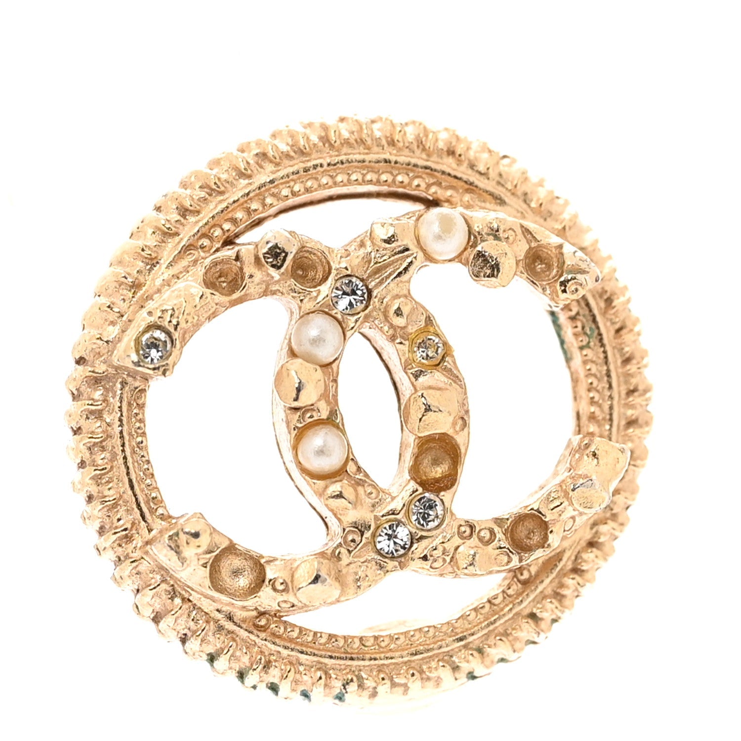 Pearl Crystal CC Round Earrings Gold