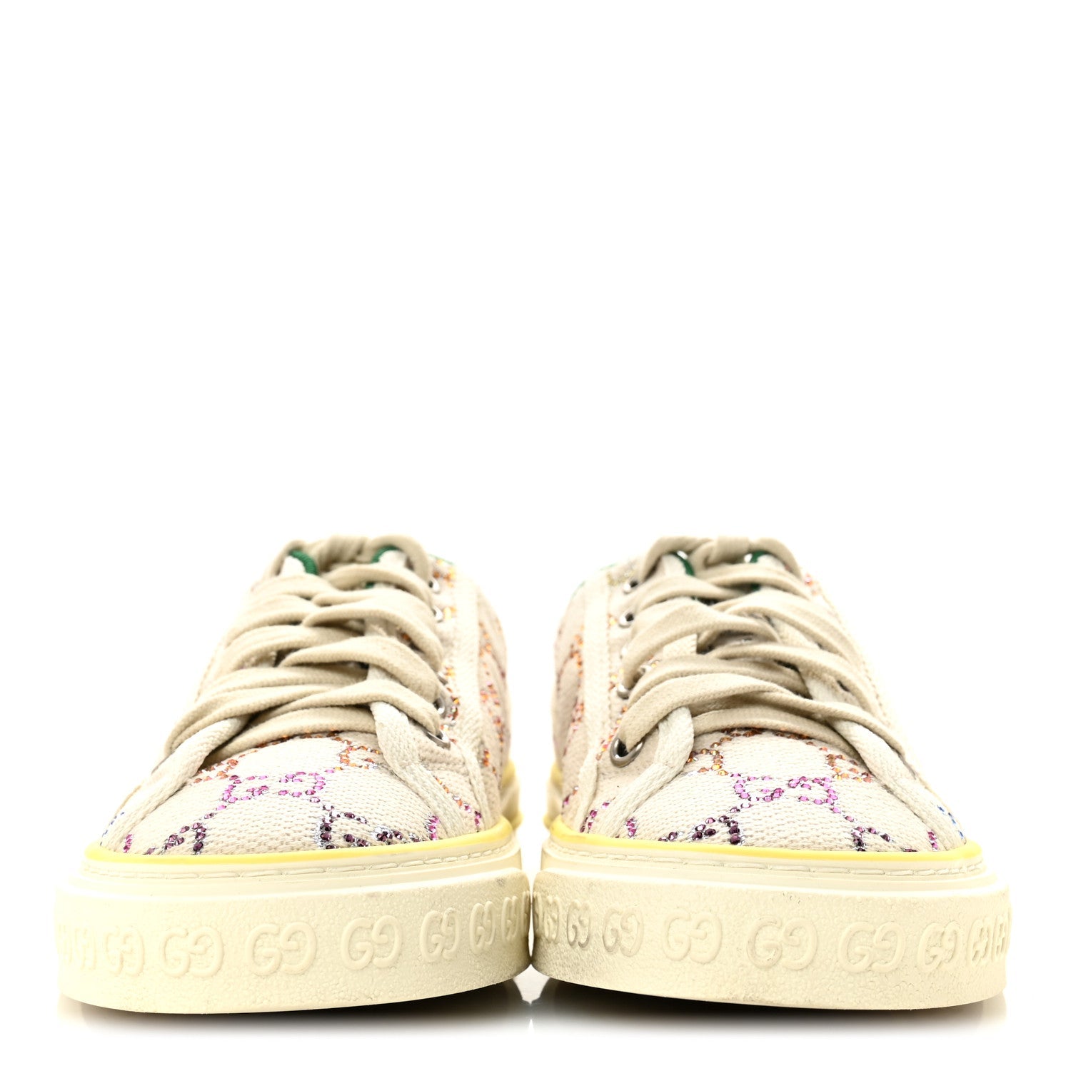 Canvas Lame Crystal GG Monogram Womens 1977 Tennis Sneakers 36 Gardenia Silver Mystic White