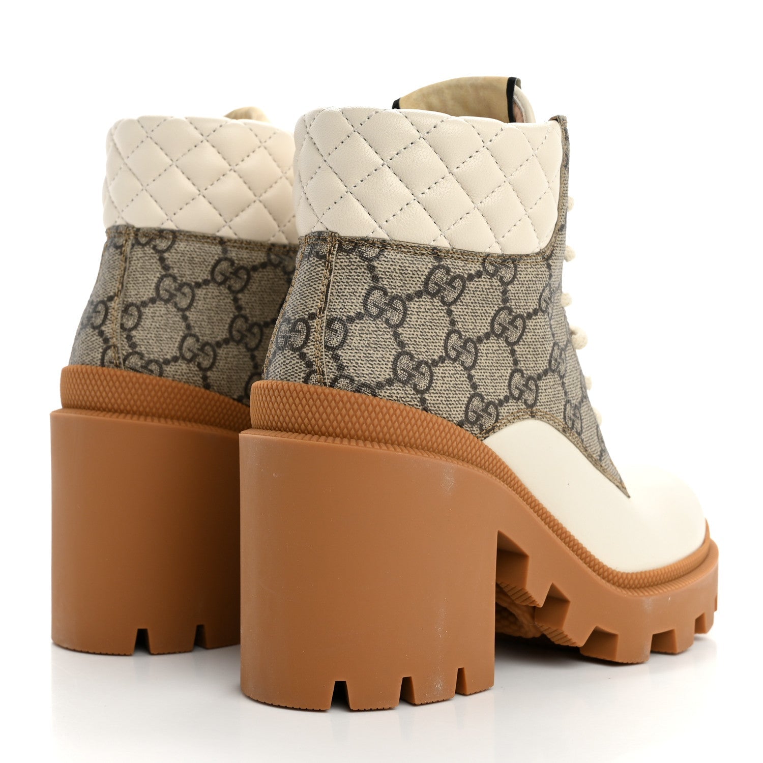 Calfskin GG Supreme Monogram Nappa Quilted Lace Up Ankle Boots 35 Mystic White Beige