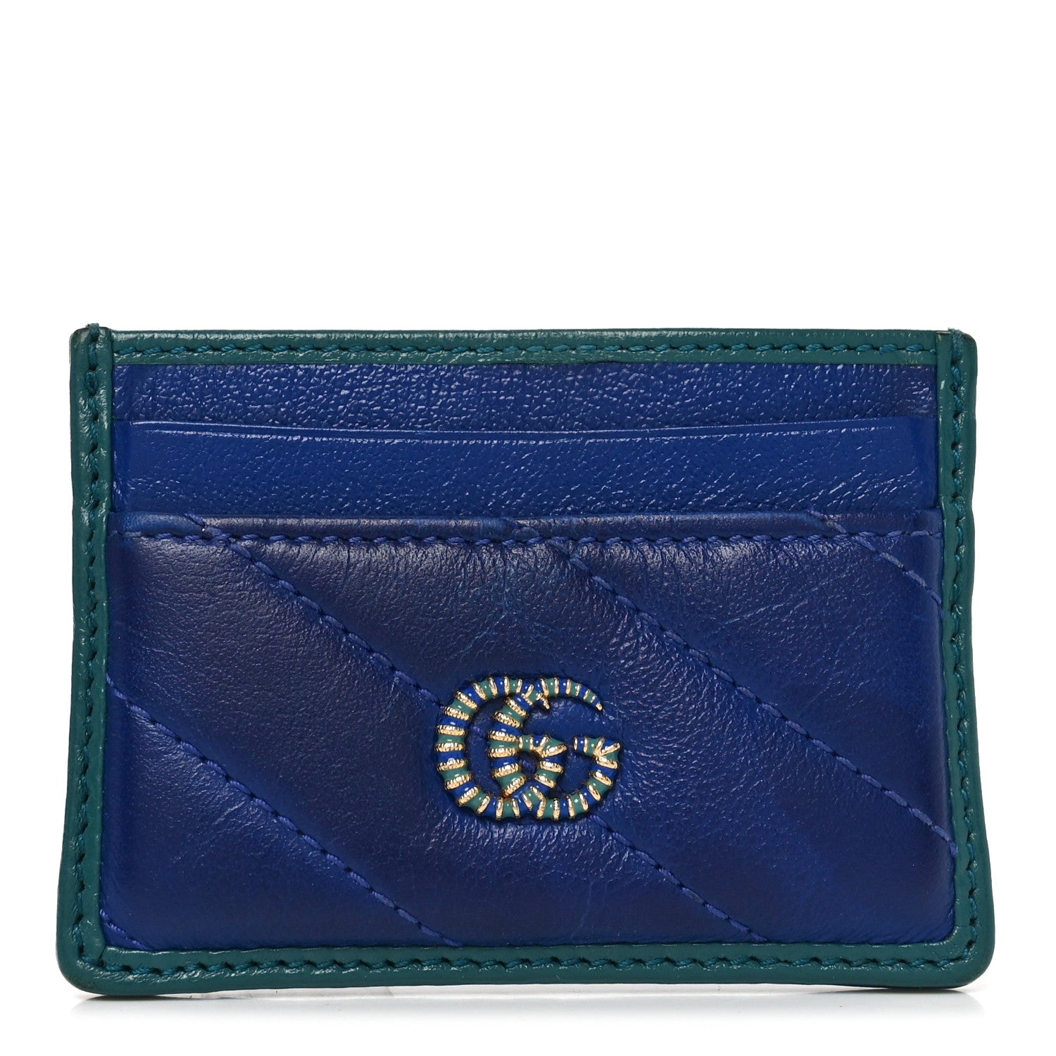 Azalea Calfskin Matelasse Diagonal Enamel Torchon GG Marmont Card Holder Imperial Blue Pavone