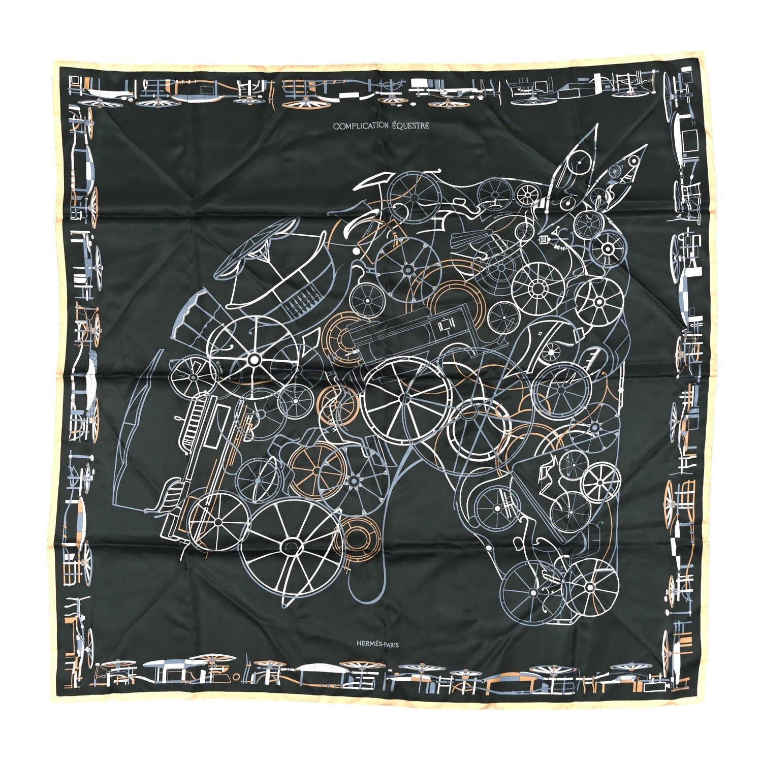 Silk Complication Equestre Scarf 90 Vert Anthracite Bleu Ardoise