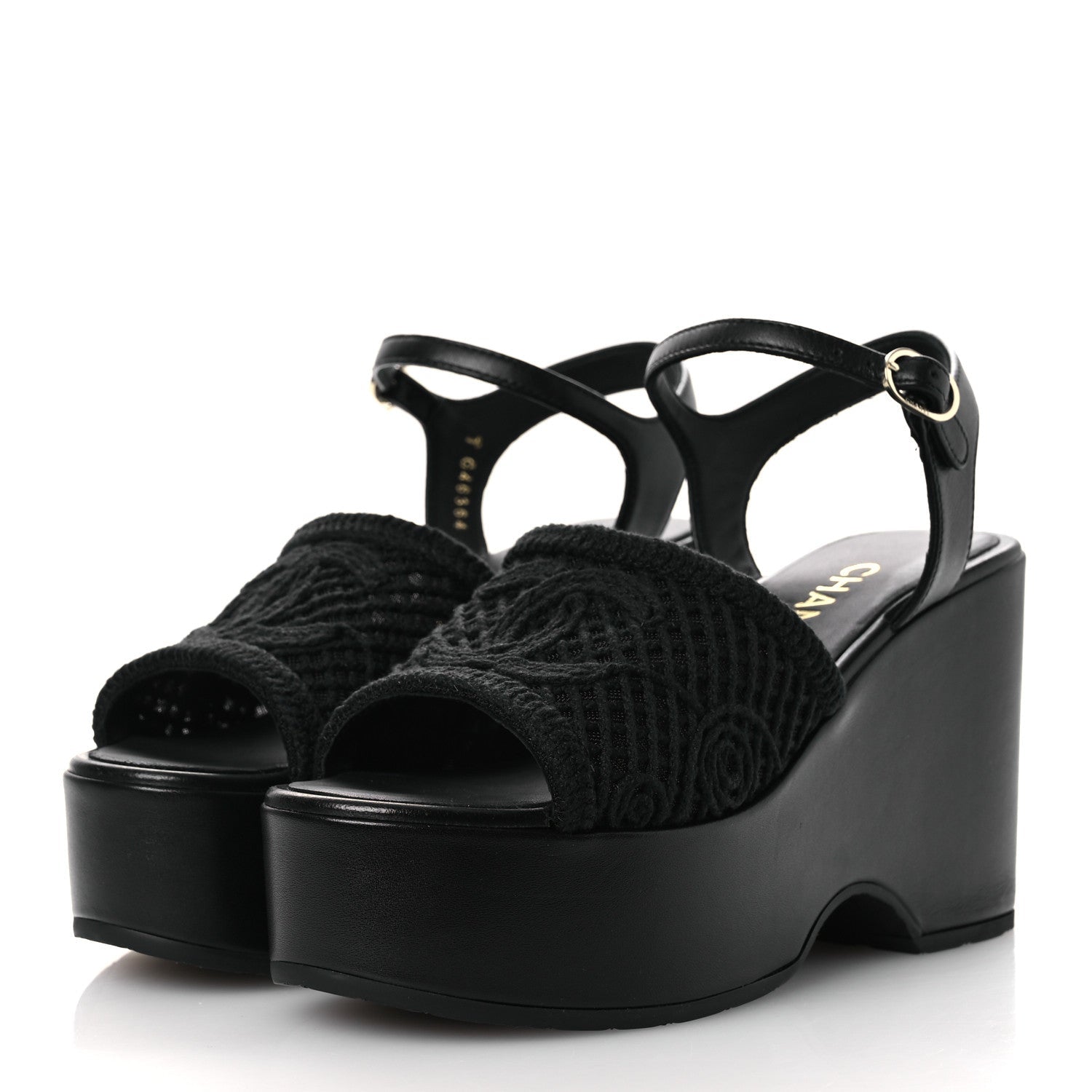 Fabric Calfskin CC Platform Sandals 36 Black