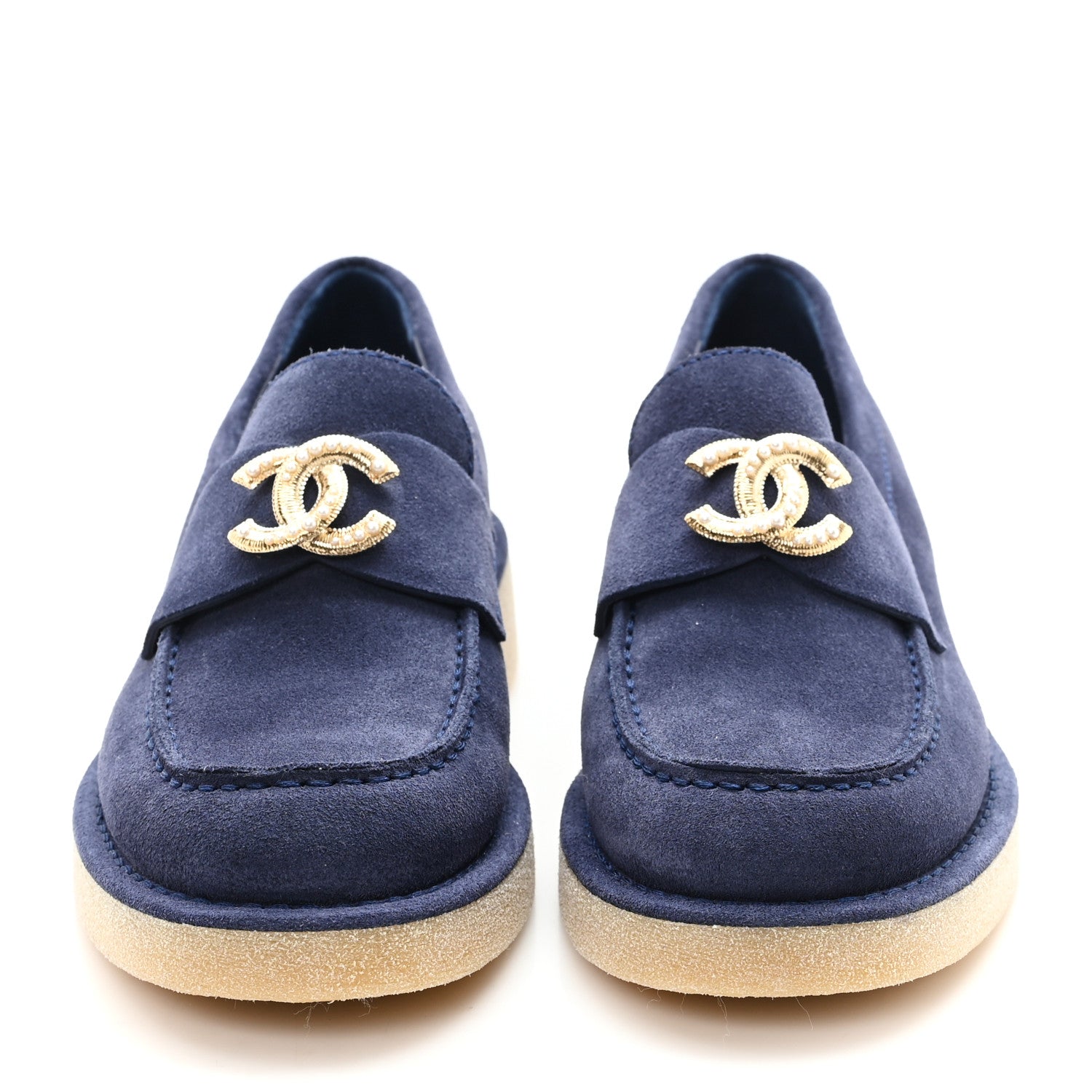 Suede Calfskin Pearl CC Moccasin Loafers 37 Navy