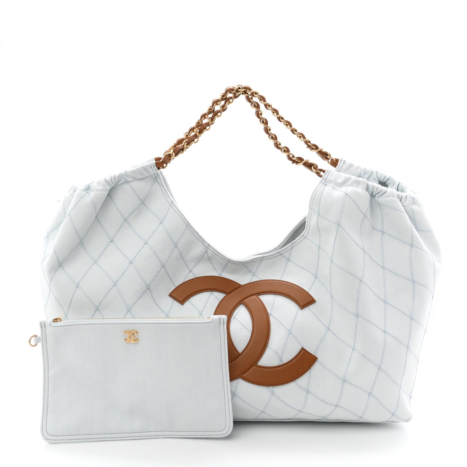 Denim Calfskin Quilted Coco Beach Small Shopping Tote Light Blue Brown