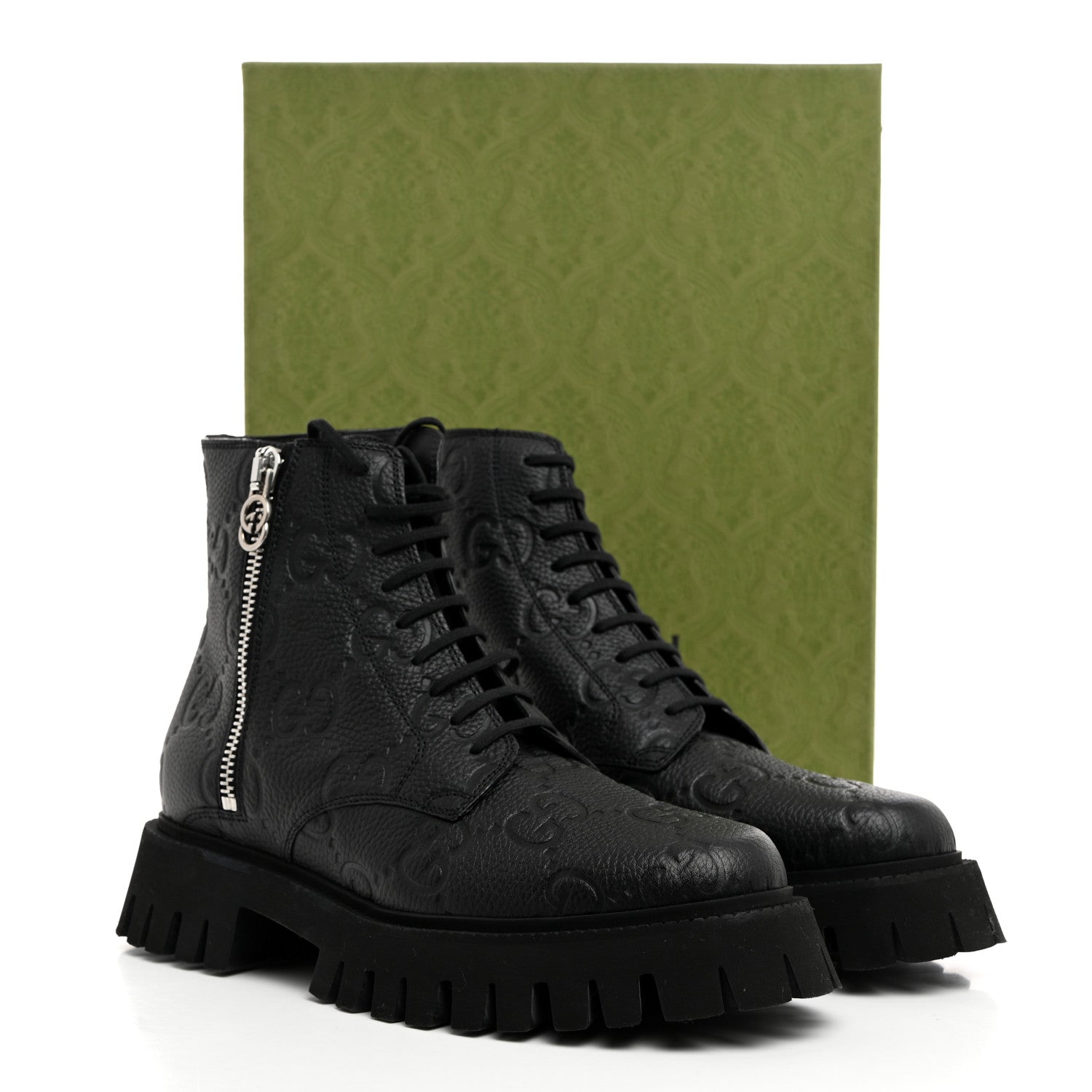 Calfskin Embossed Monogram Lace Up Ankle Boots 8 Black