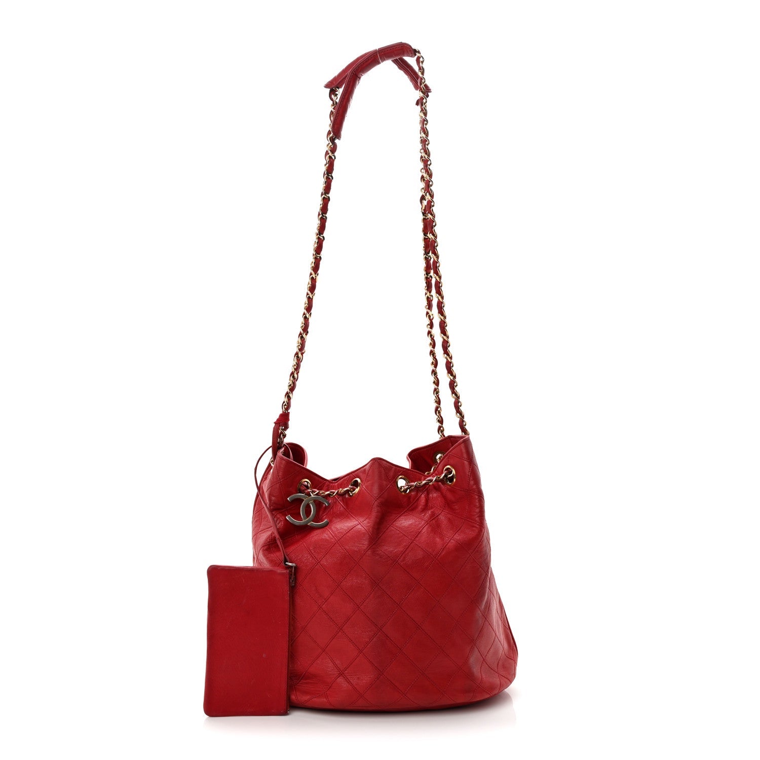 Lambskin Diamond Stitched CC Drawstring Shoulder Bag Red