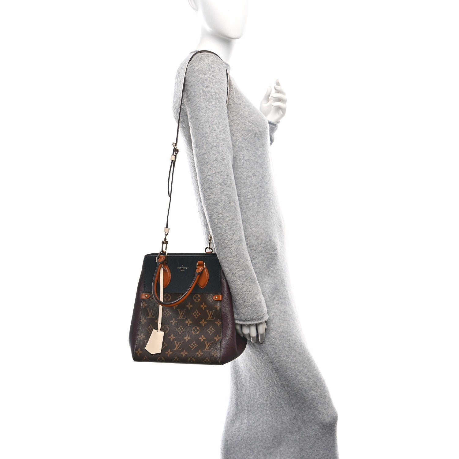 Calfskin Monogram Fold Tote MM Black Wine Cream