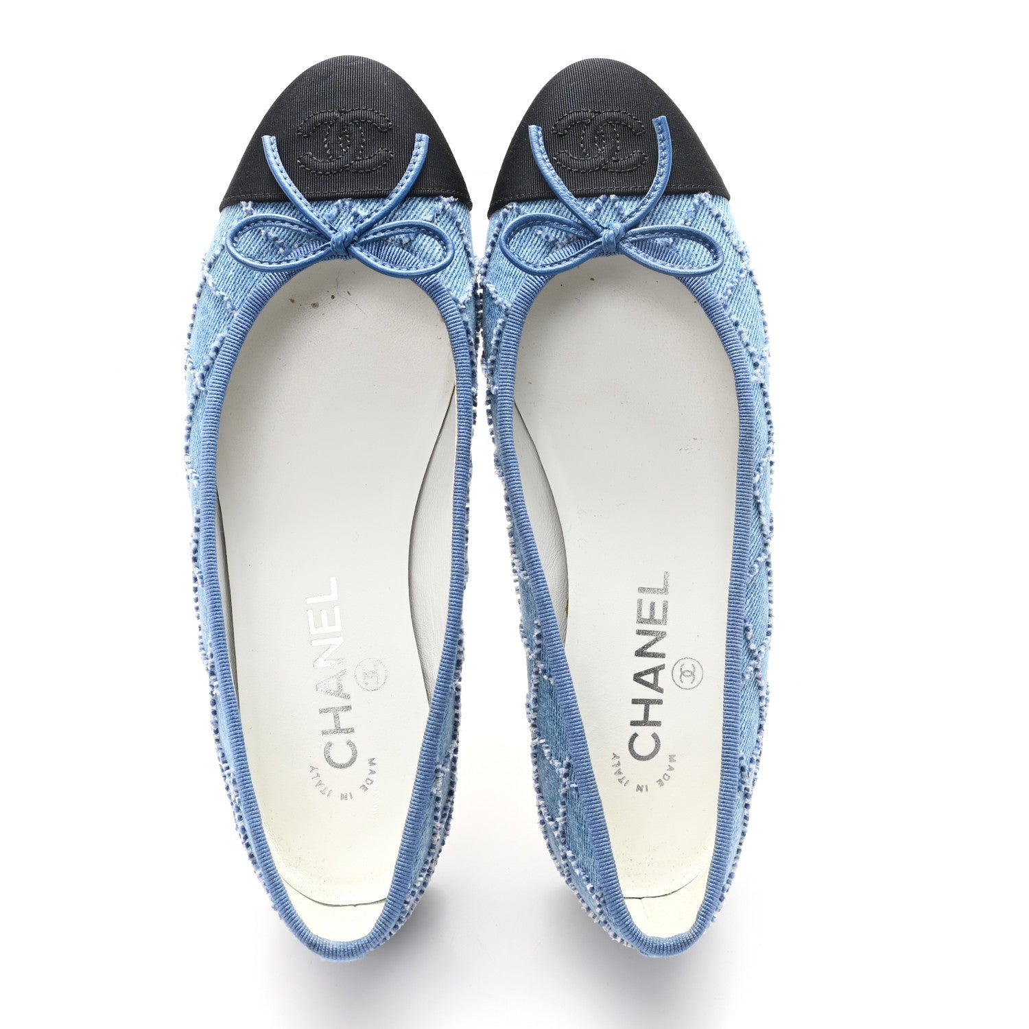 Denim Embroidered Grosgrain CC Cap Toe Ballerina Flats 37.5 Blue Black