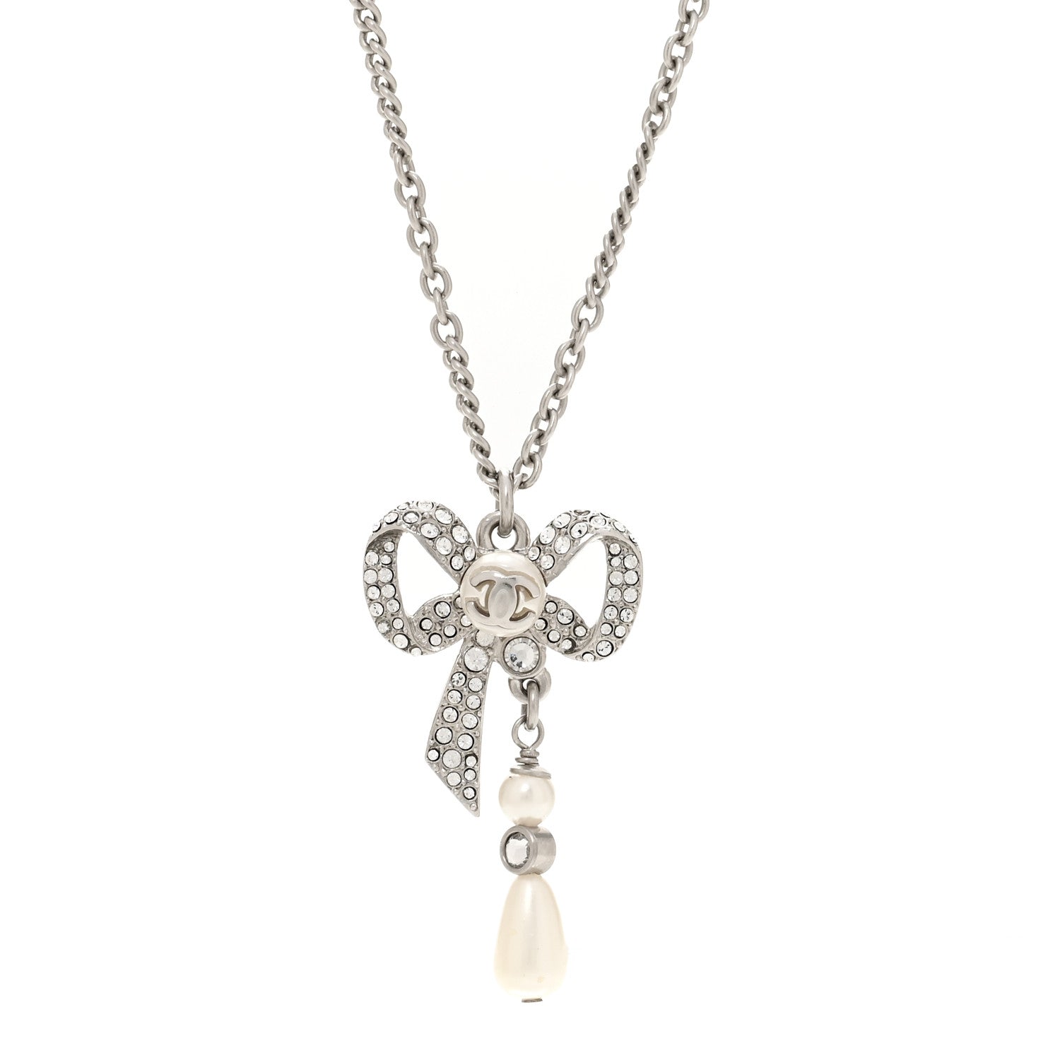Crystal Pearl Bow CC Necklace Silver