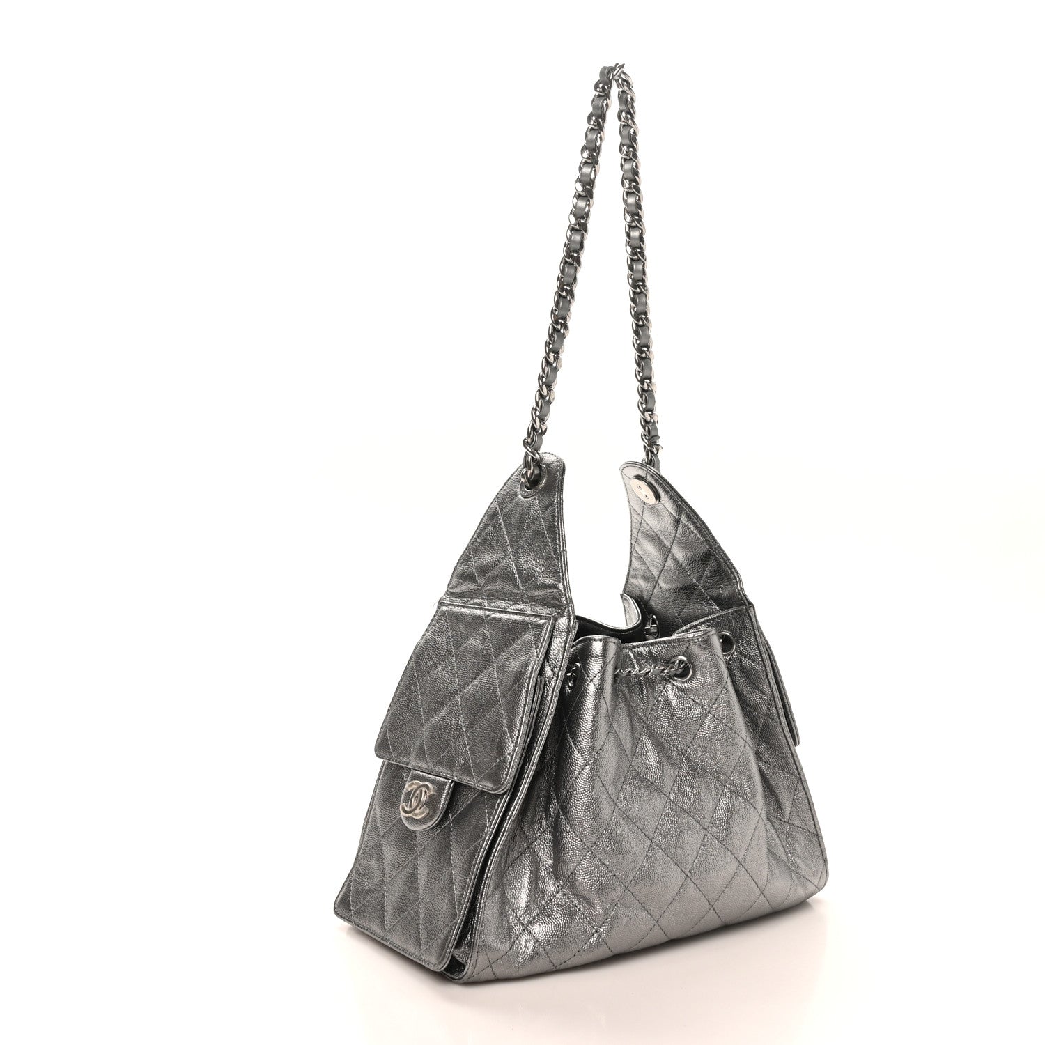 Metallic Caviar Quilted Small Chanel 25 Handbag Silver