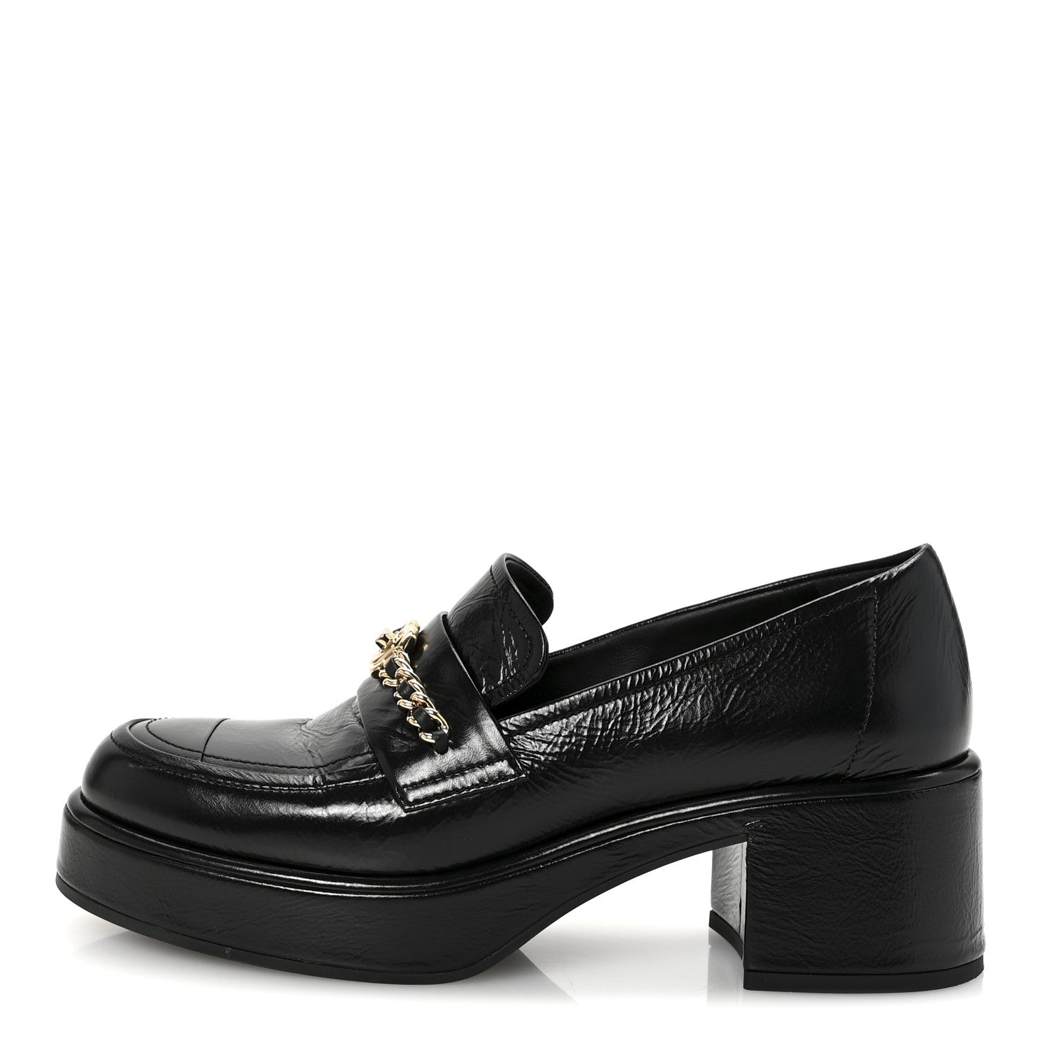 Shiny Calfskin Logo Platform Loafers 37.5 Black