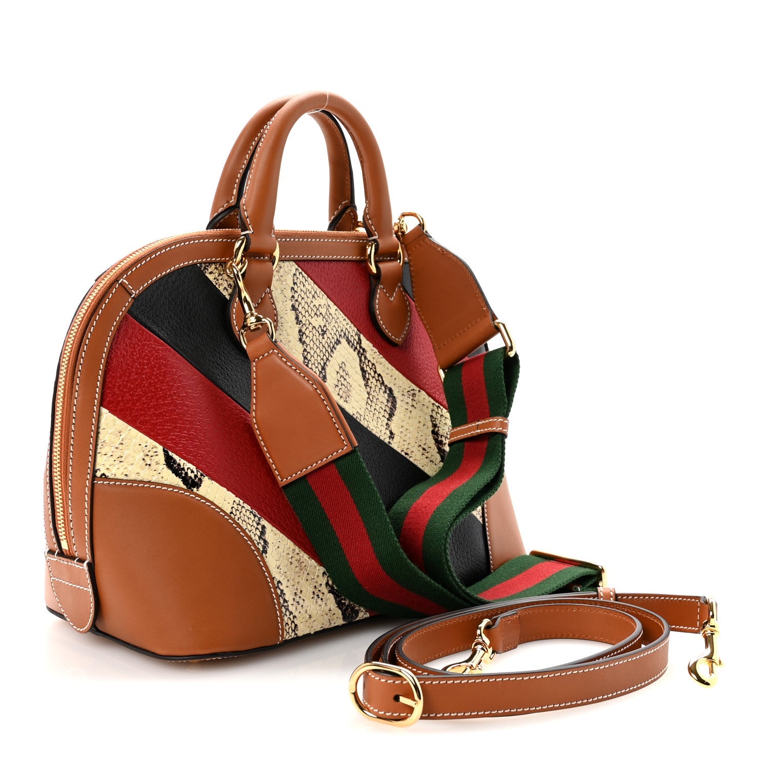X DANS LE VERT Calfskin Snakeskin Medium Top Handle Dome Bag Brown Multicolor