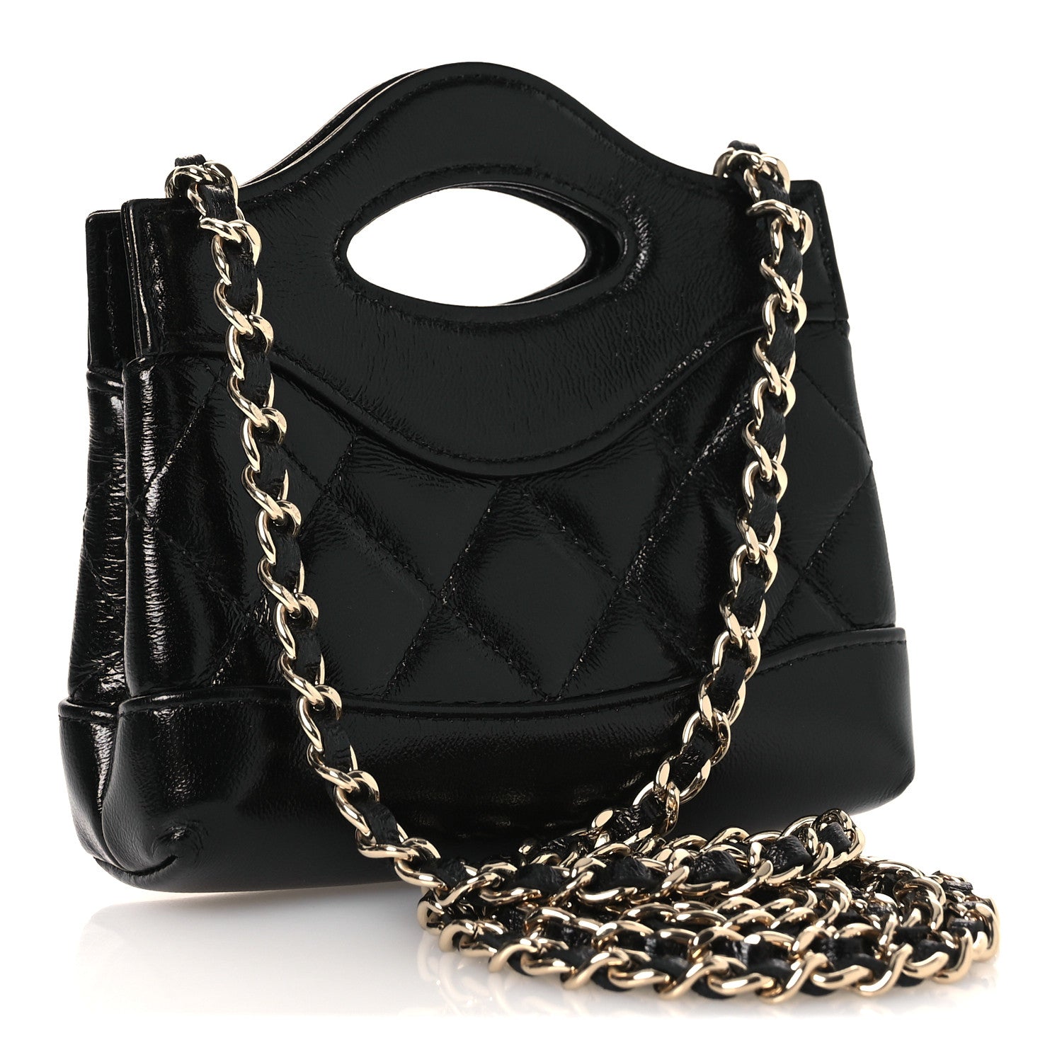 Shiny Lambskin Quilted Micro 31 Clutch With Chain Black