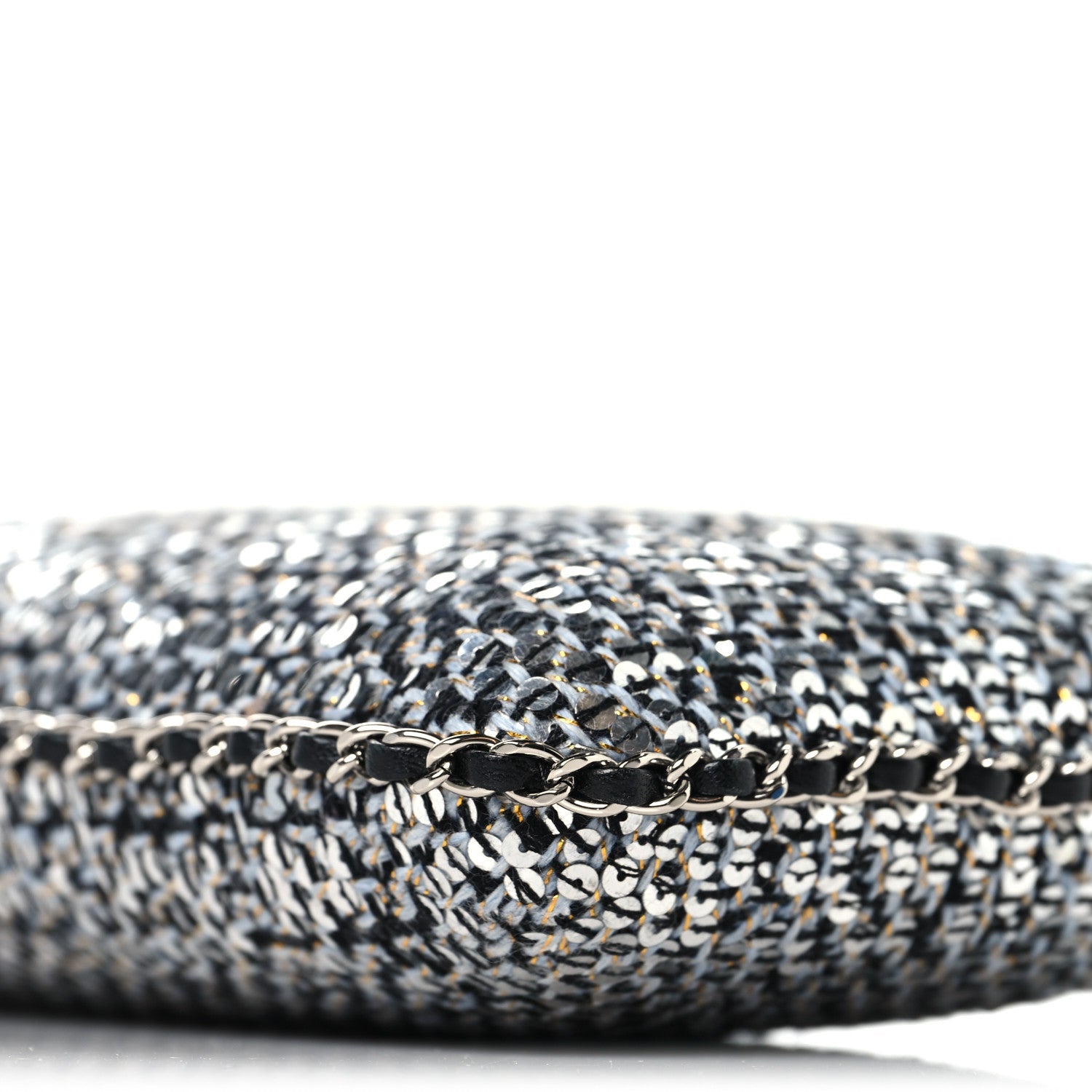 Tweed Sequin Chain Around Phone Holder Silver Black
