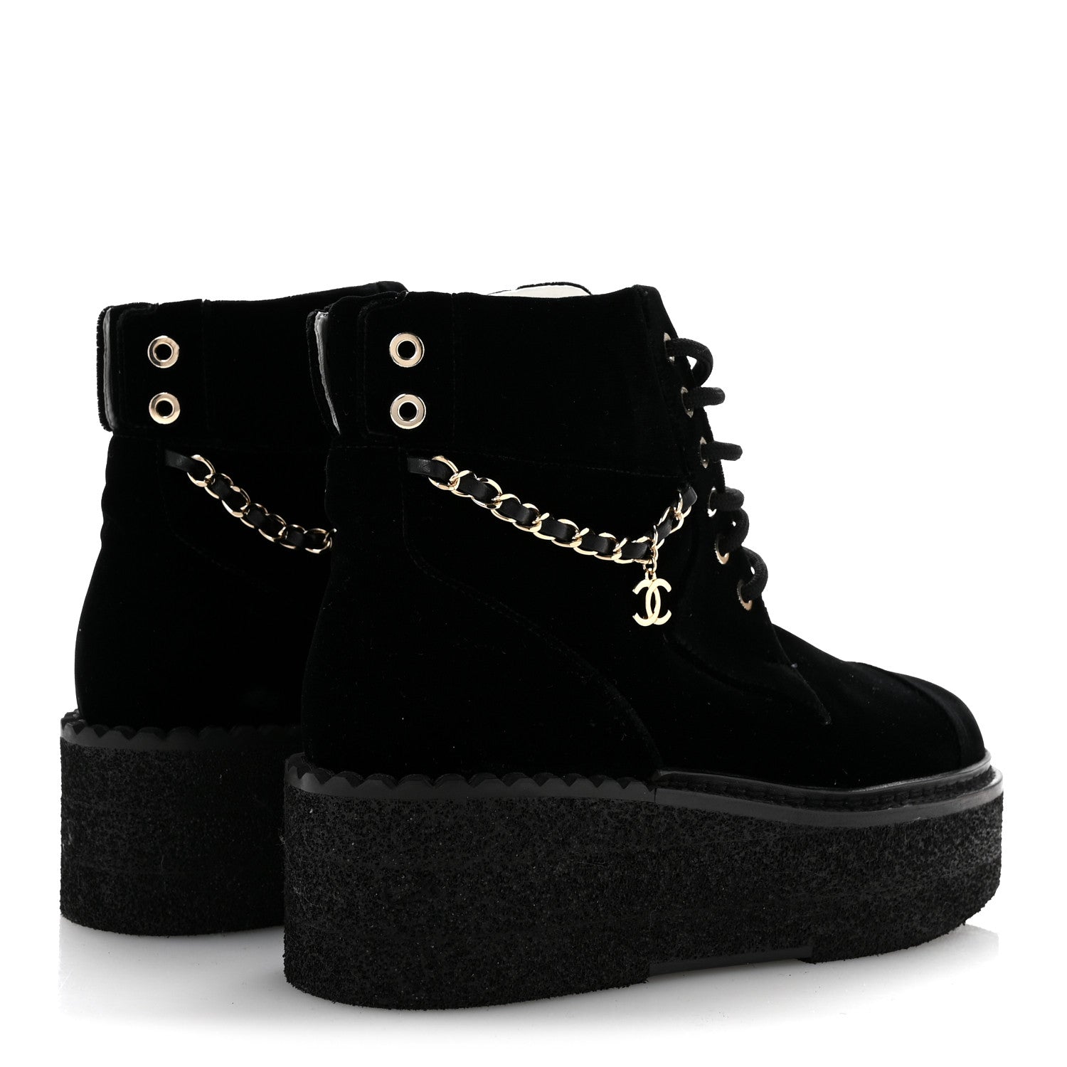 Velvet Chain Lace Up CC Short Boots 35.5 Black