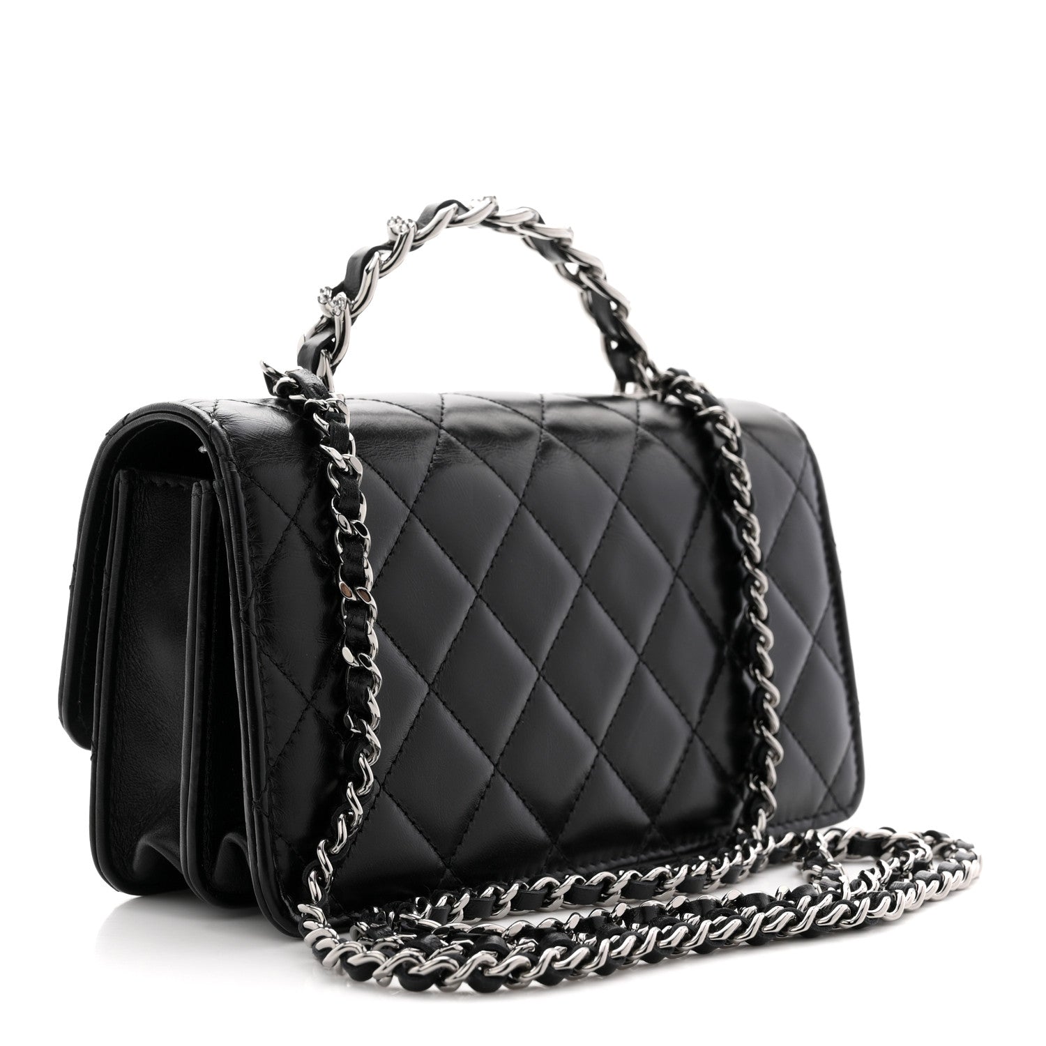 Shiny Crumpled Calfskin Crystal Quilted Precious Handle Clutch With Chain Black