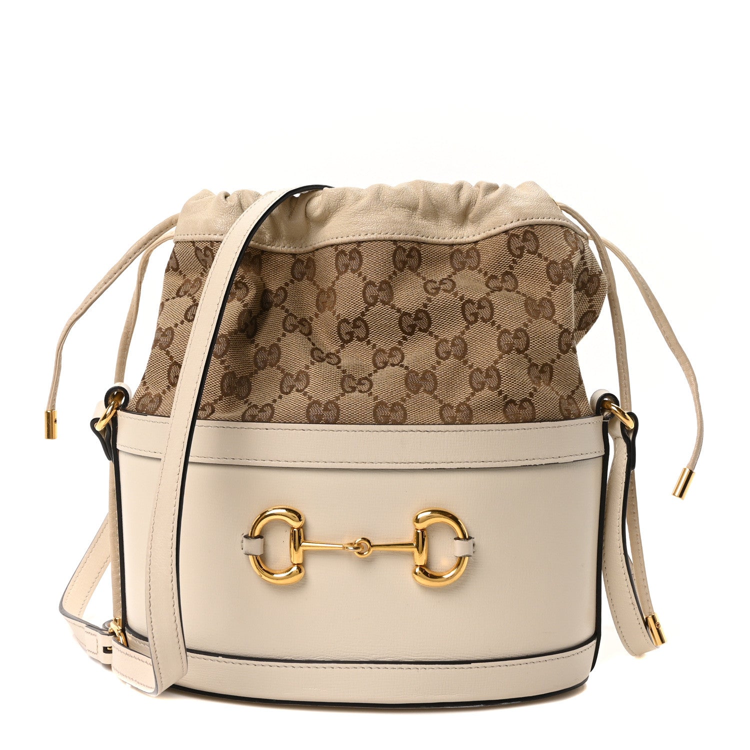 Monogram Textured Calfskin Horsebit 1955 Drawstring Bucket Bag Beige Mystic White
