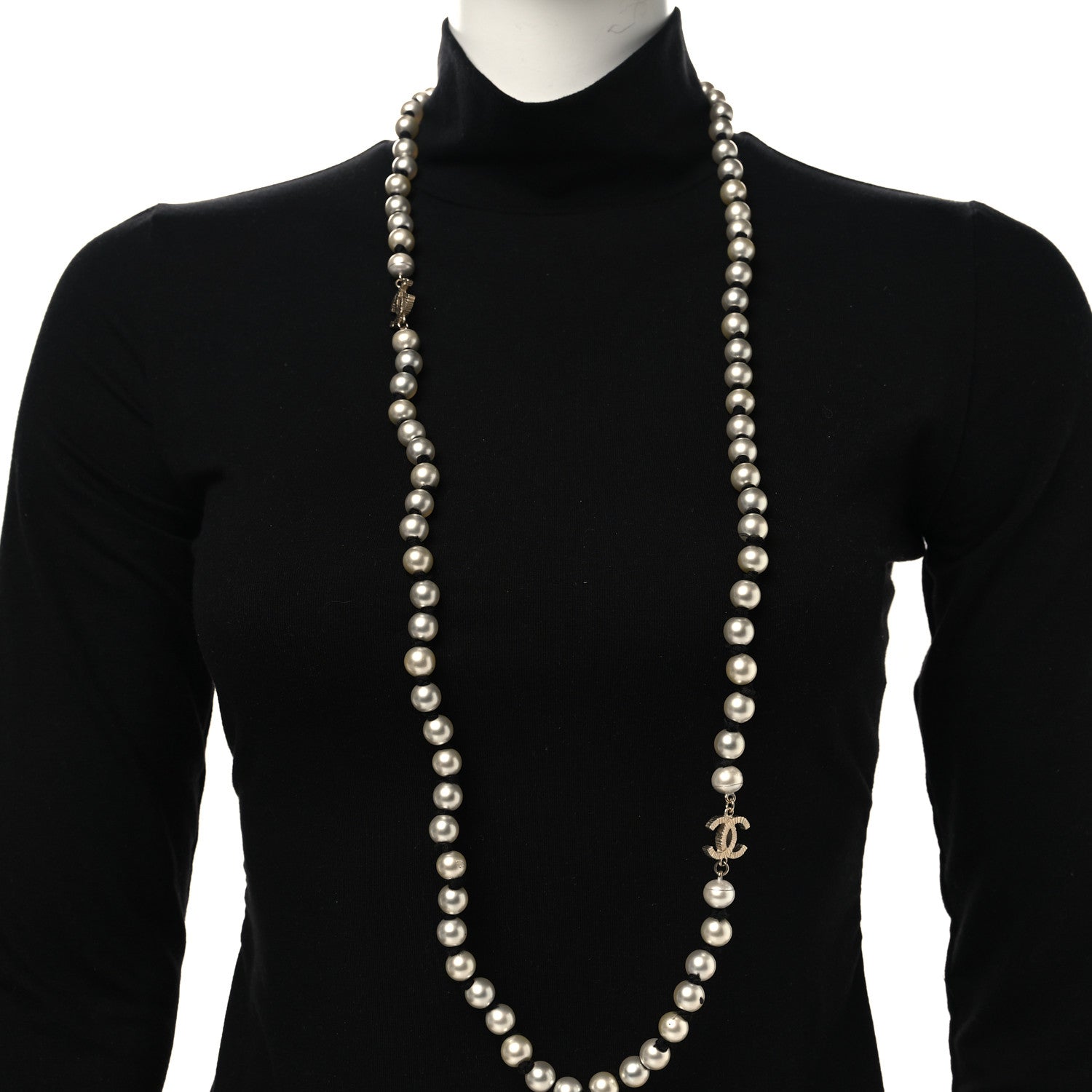 Pearl Grosgrain CC Long Necklace Gold