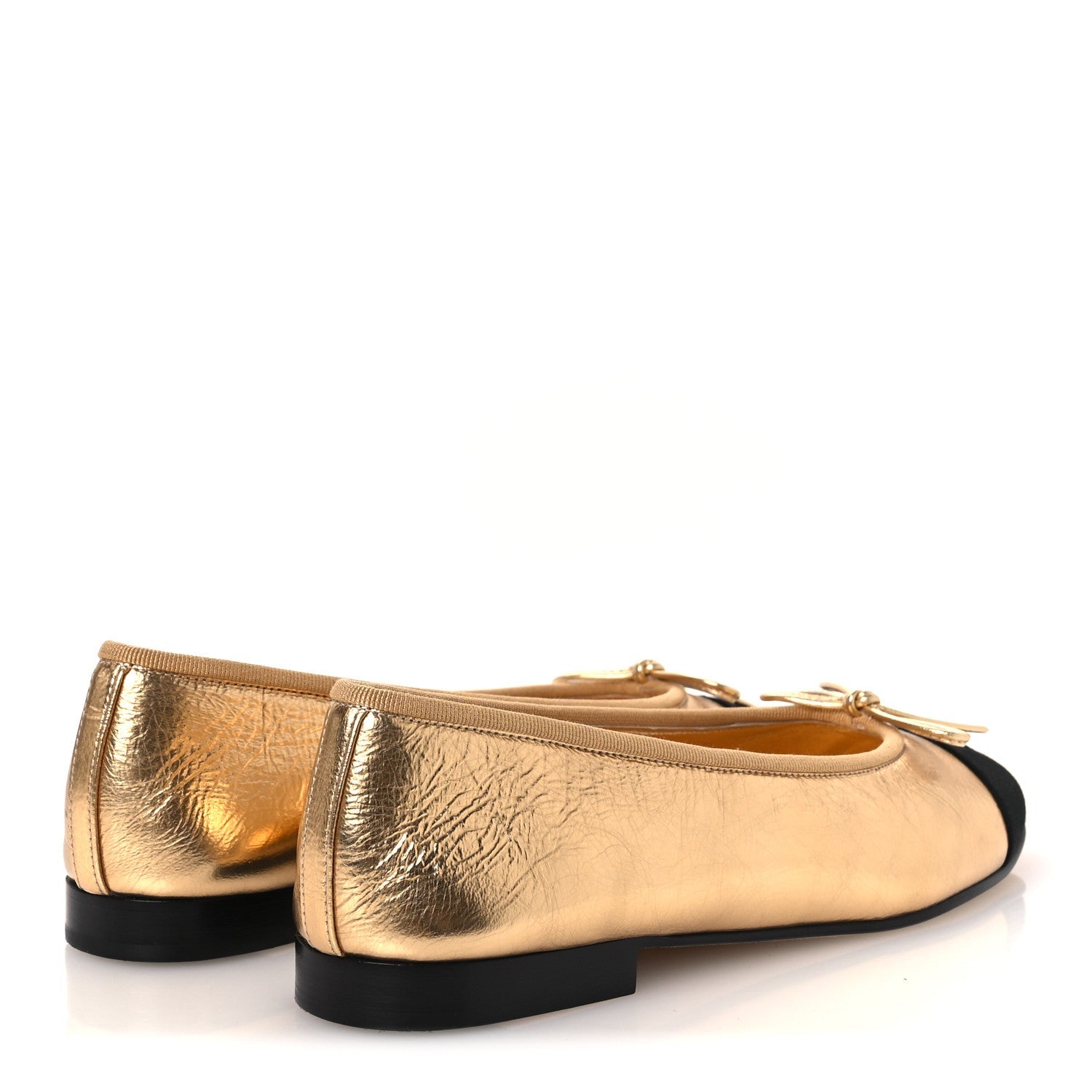 Laminated Crumpled Lambskin Grosgrain Cap Toe CC Ballerina Flats 37.5 Gold Black