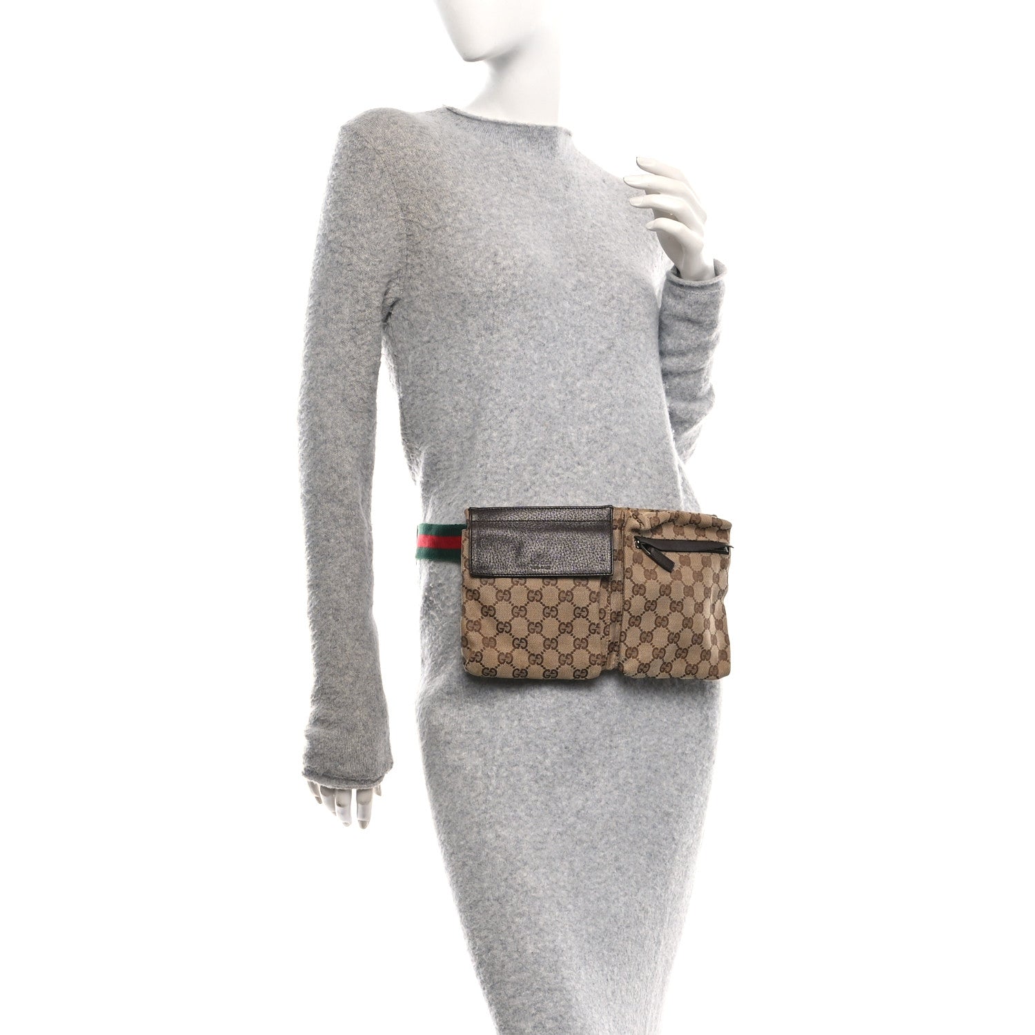 GG Monogram Web Double Pocket Belt Bag Dark Brown