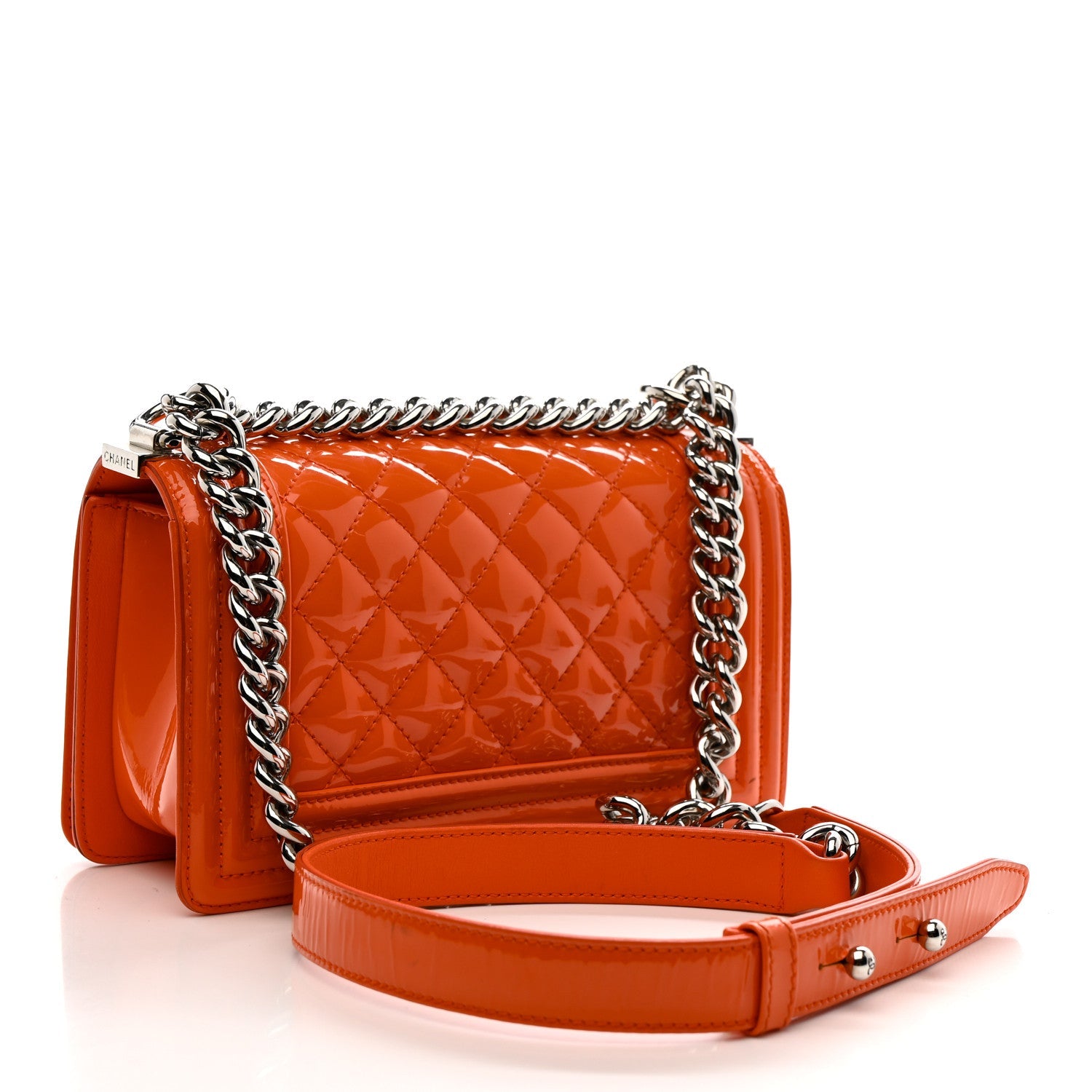 Patent Calfskin Quilted Small Plexiglass Boy Flap Orange
