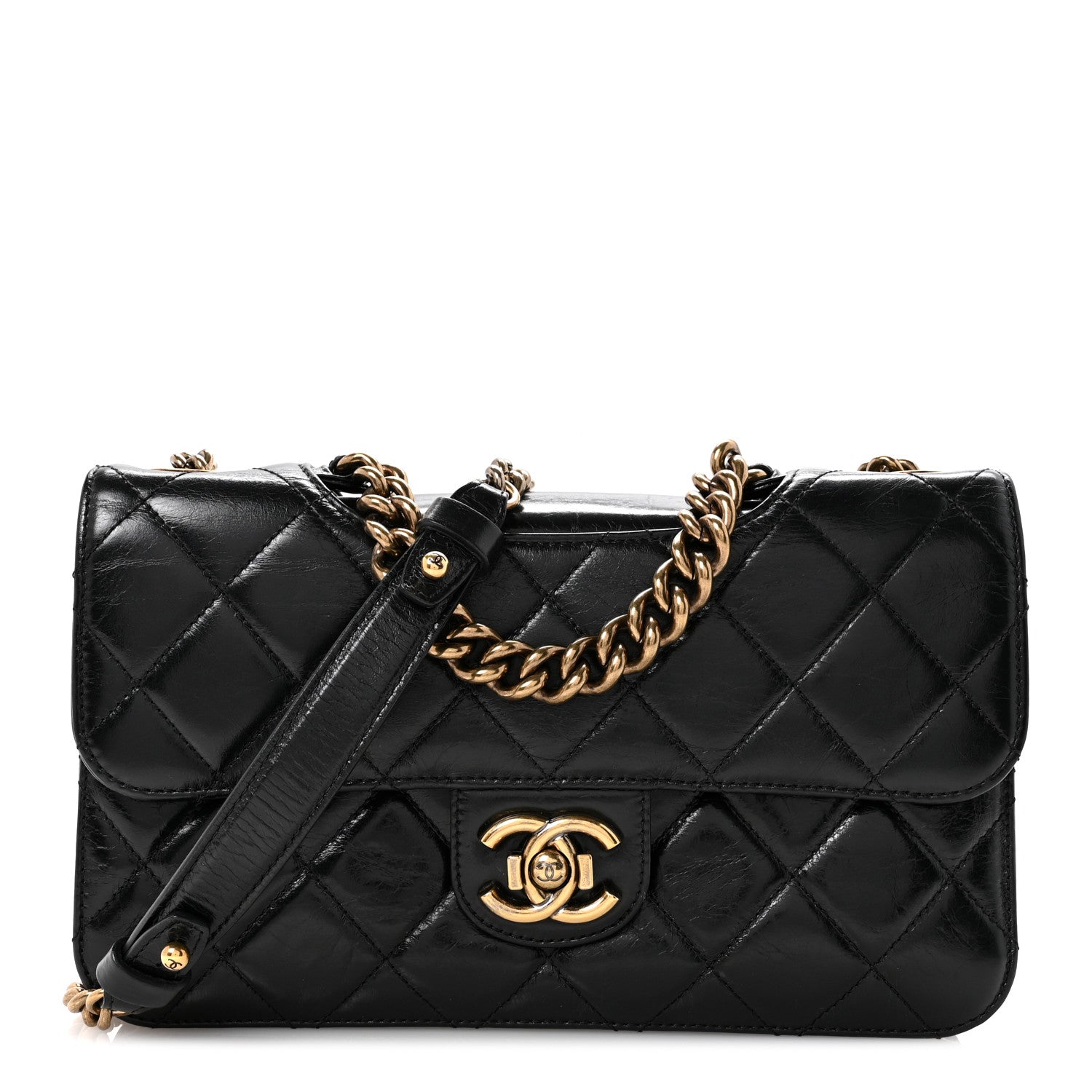 Glazed Calfskin Quilted Medium Perfect Edge Flap Black