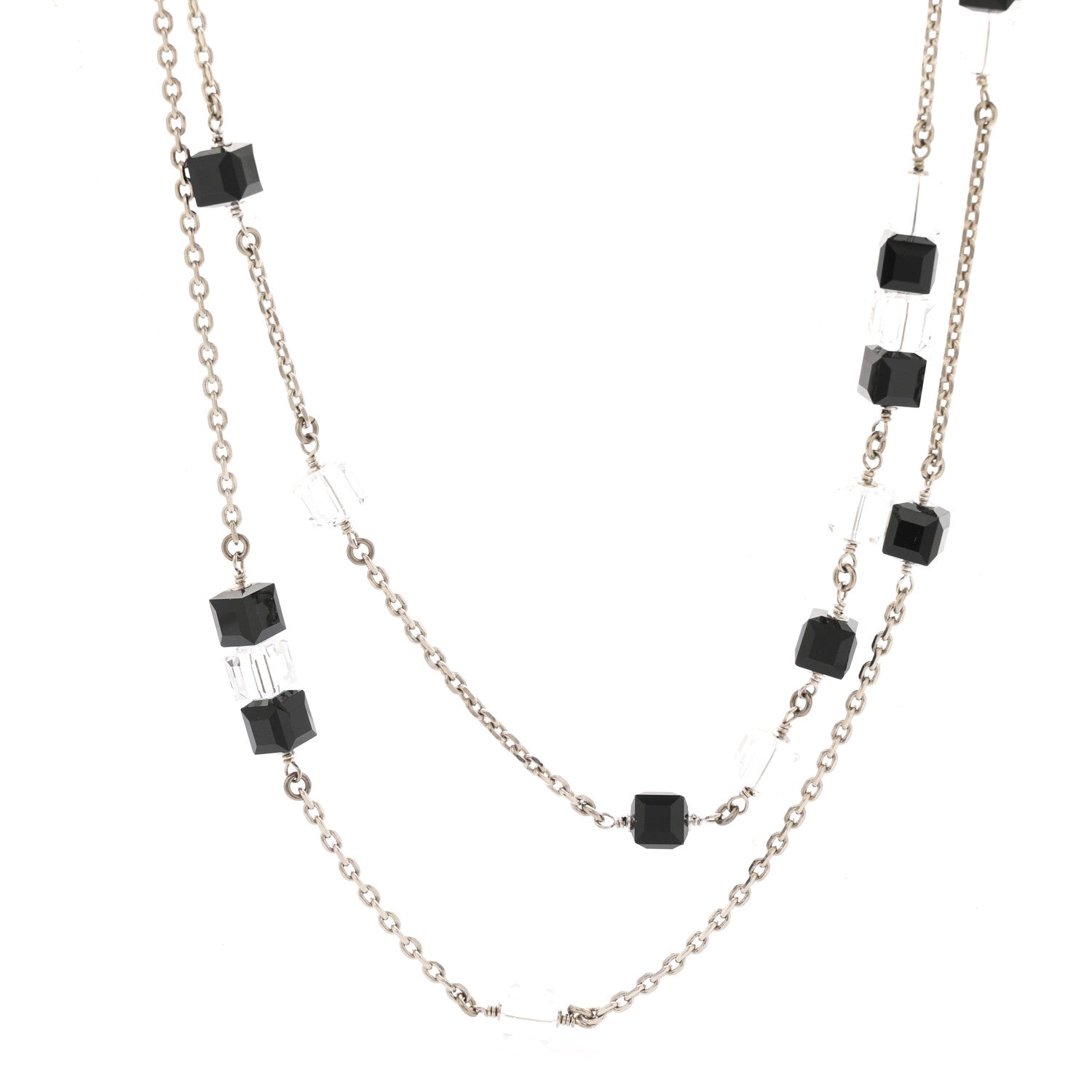 Crystal Bead CC Long Necklace Silver Black Transparent
