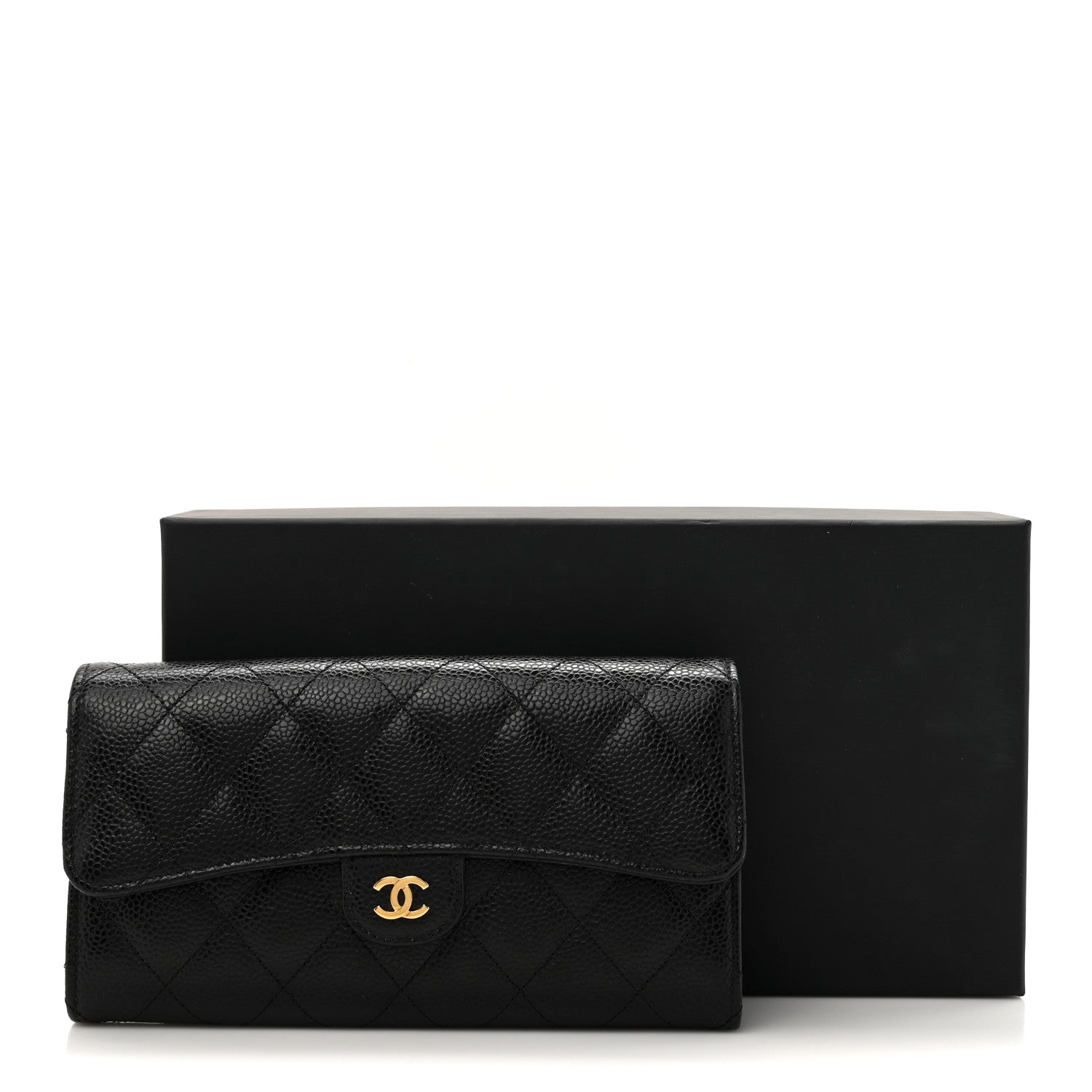 Caviar Quilted Large Gusset Flap Wallet Black