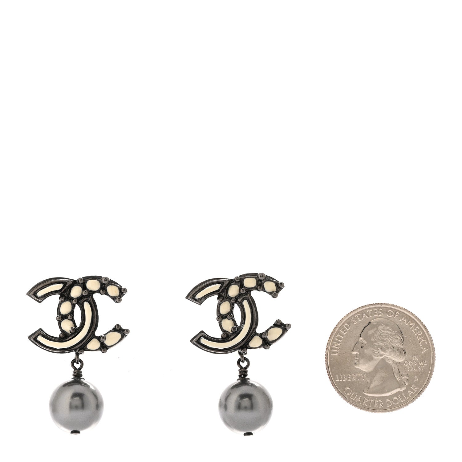 Enamel Bead CC Drop Clip On Earrings Ruthenium White