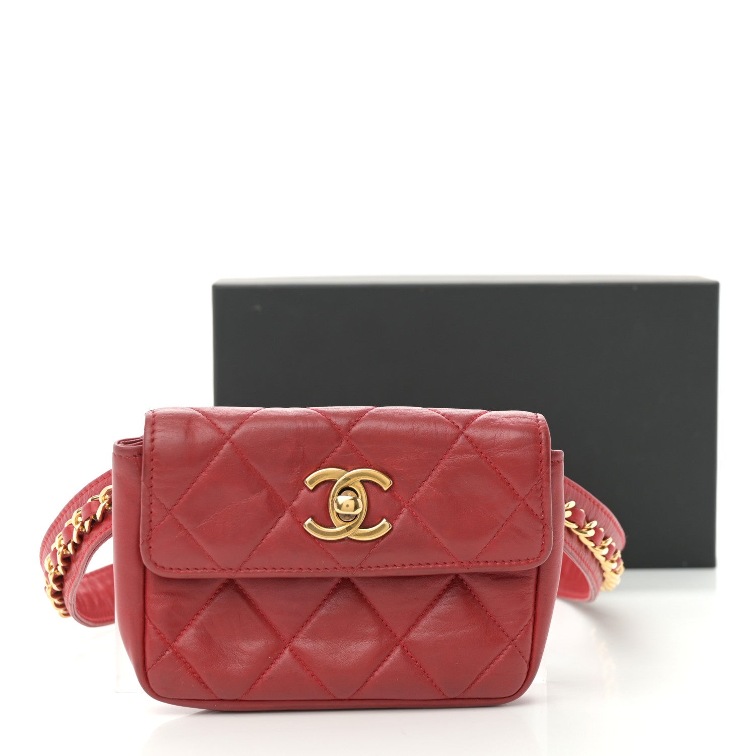 Lambskin Quilted Waist Chain Belt Flap Bag Red