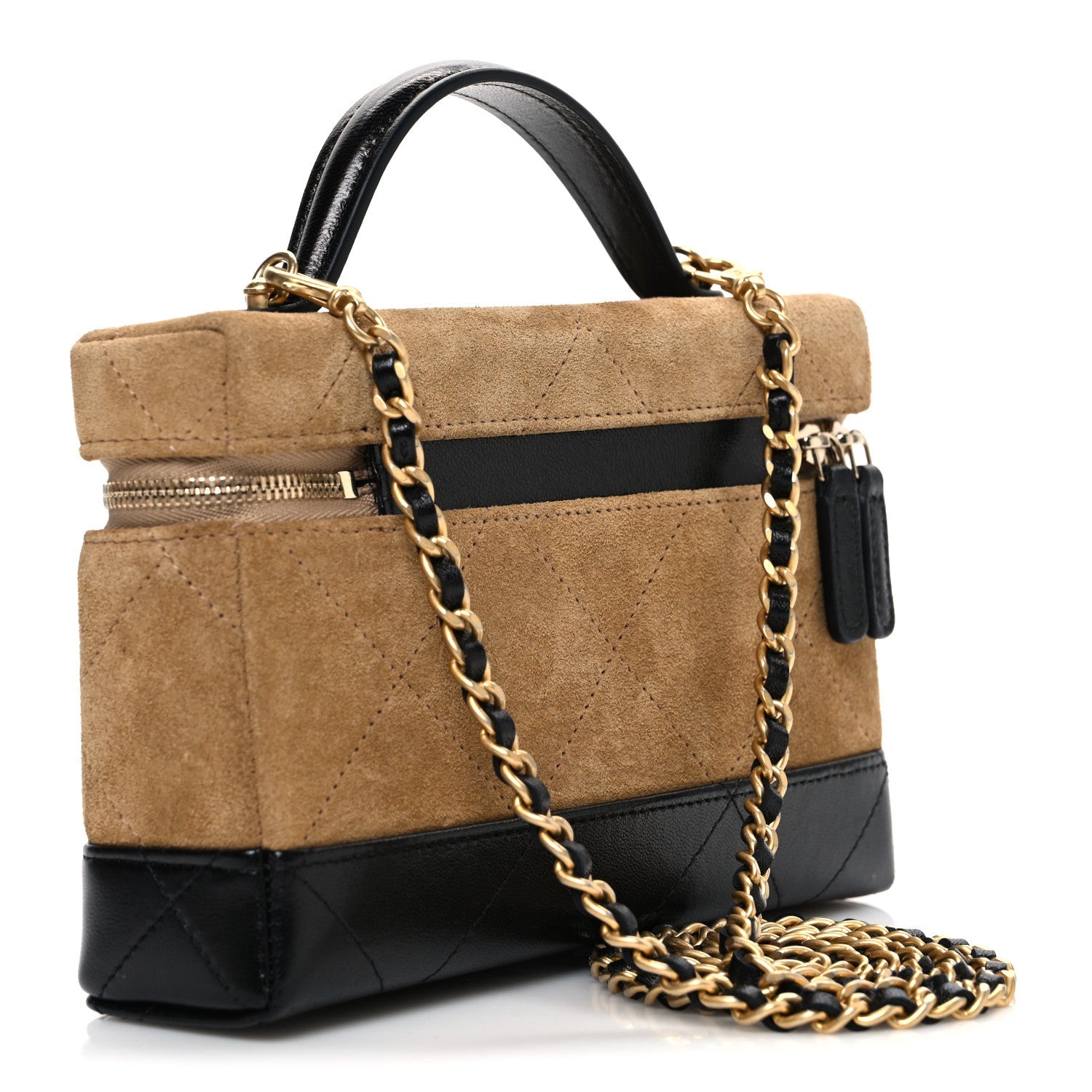 Suede Calfskin Shiny Lambskin Quilted Top Handle Slim Vanity Case With Chain Beige Black