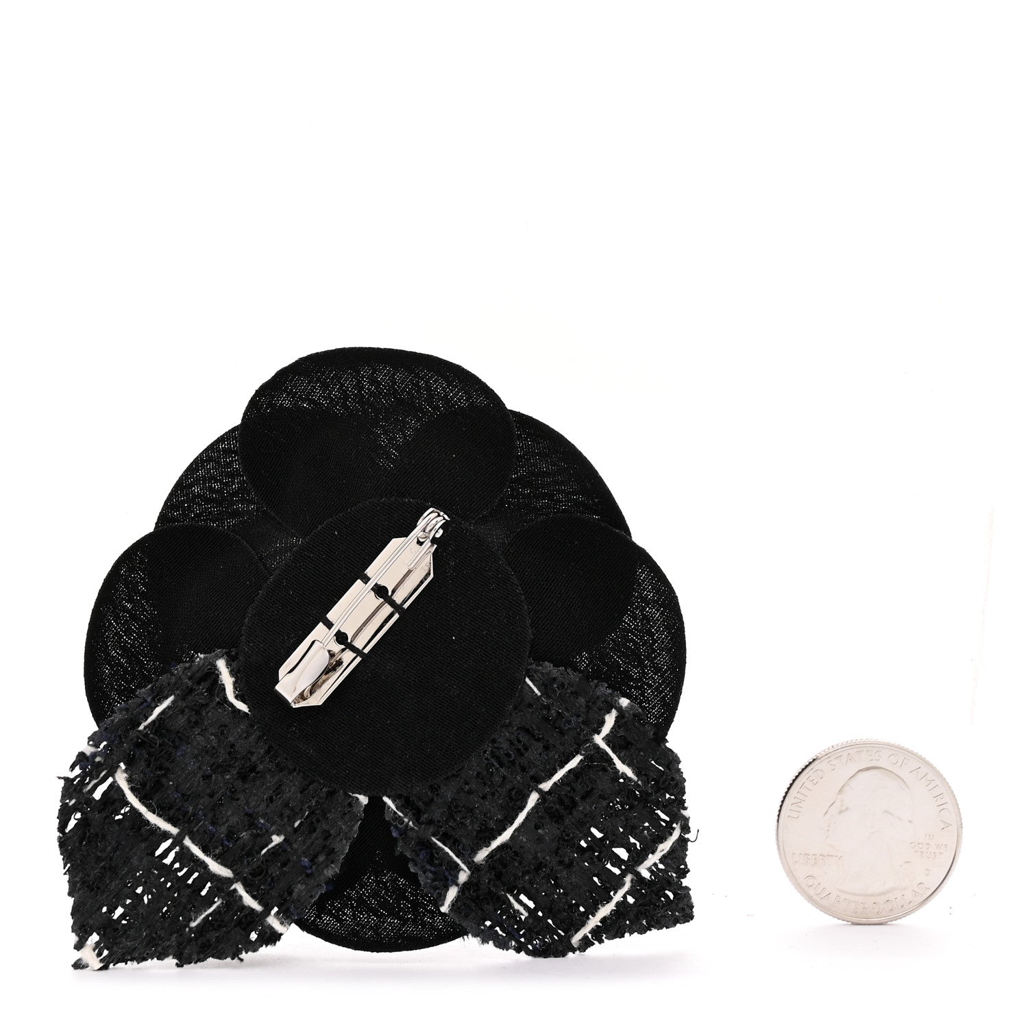 Tweed Fabric Camellia Pin Brooch Black