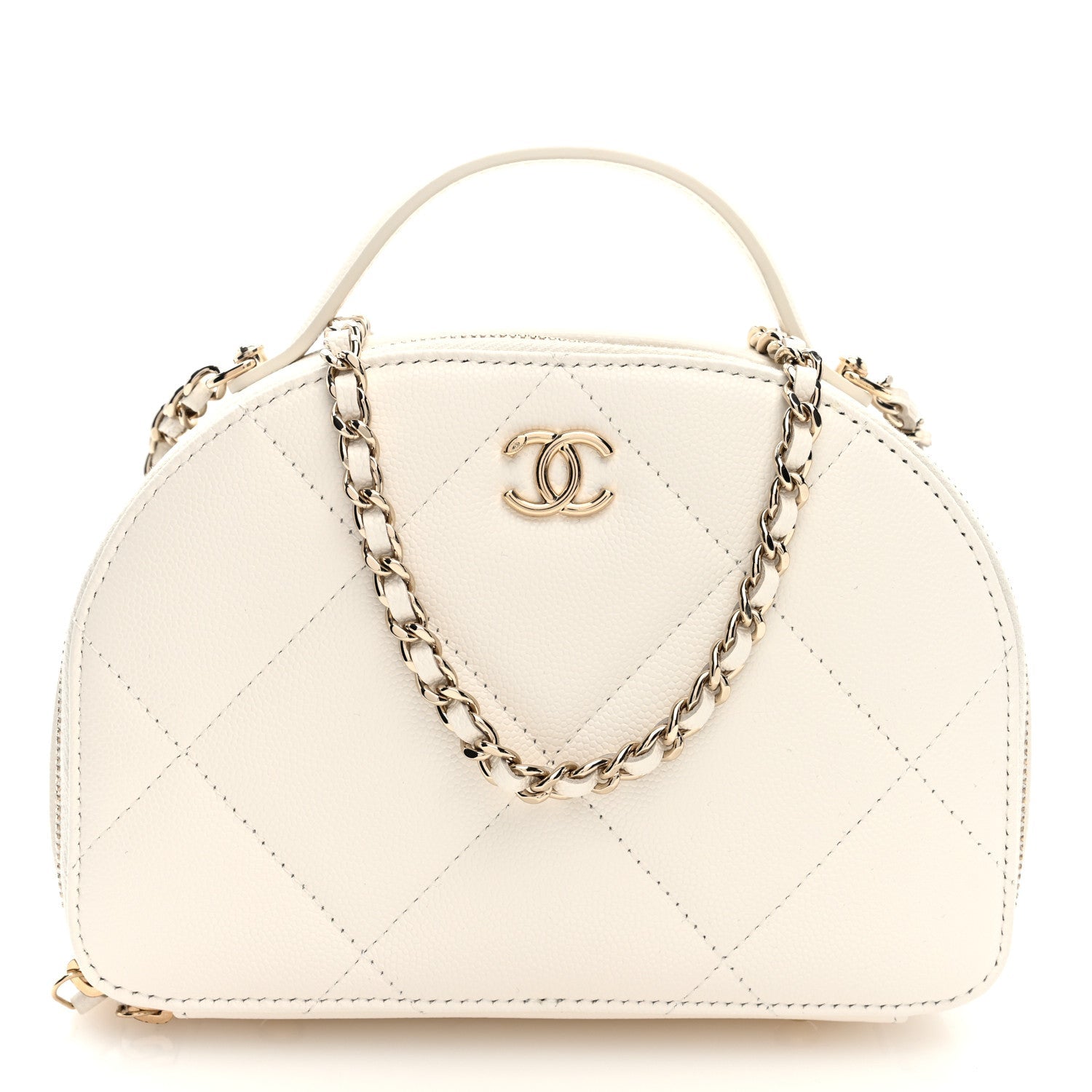Grained Calfskin Quilted Top Handle Chain Clutch White