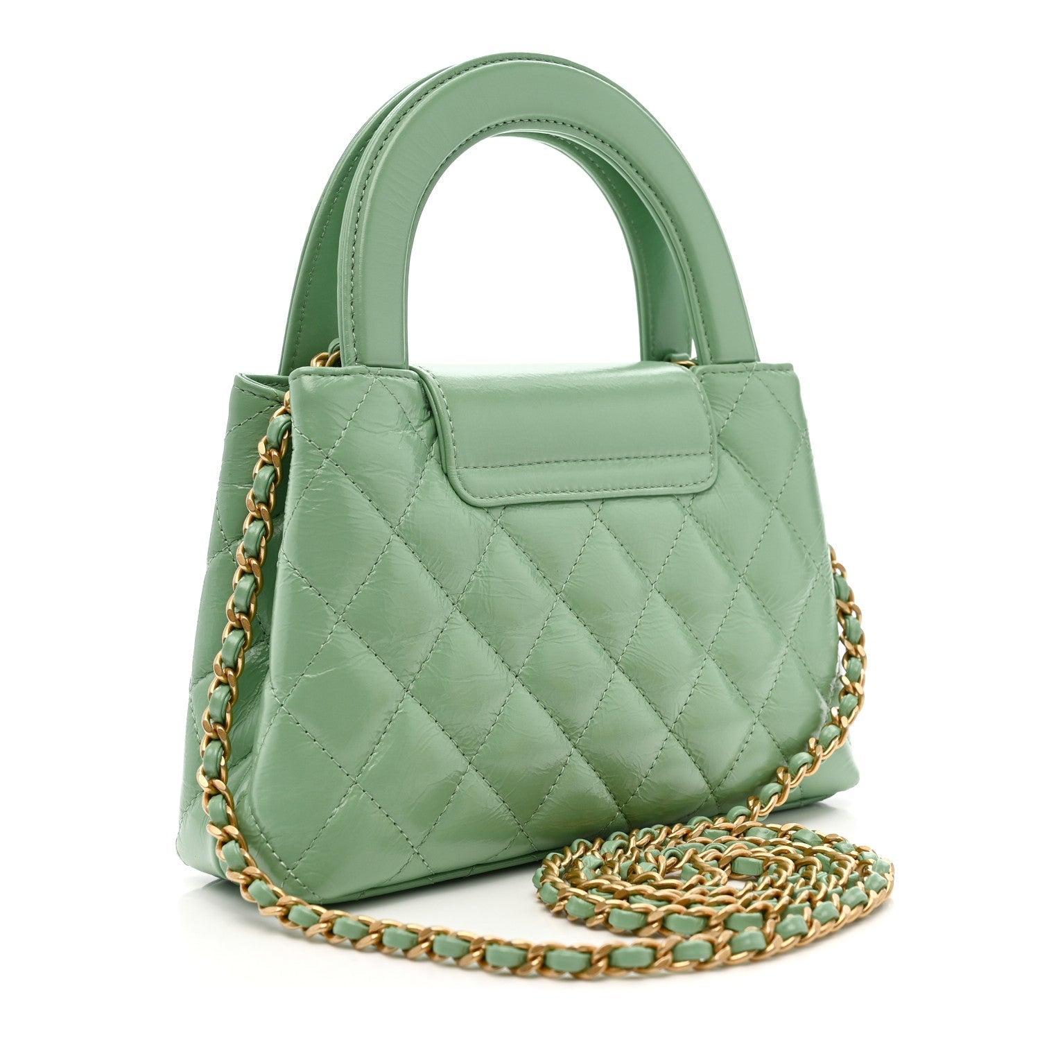 Shiny Aged Calfskin Quilted Nano Kelly Shopper Light Green